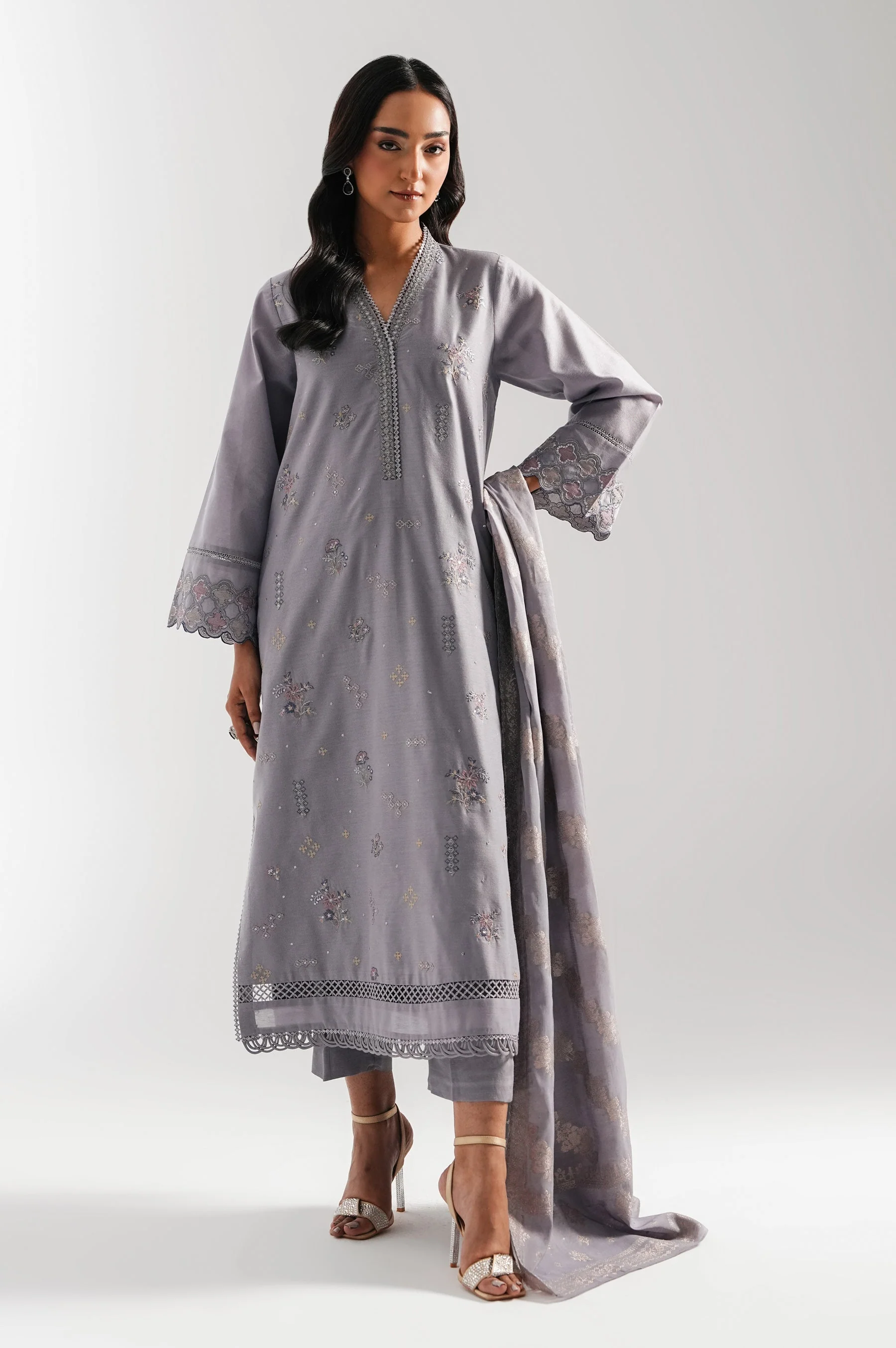 EMBROIDERED COTTON NET UNSTITCHED 3 PIECE SUIT (FACTORY E-OUTLET) - Image 3