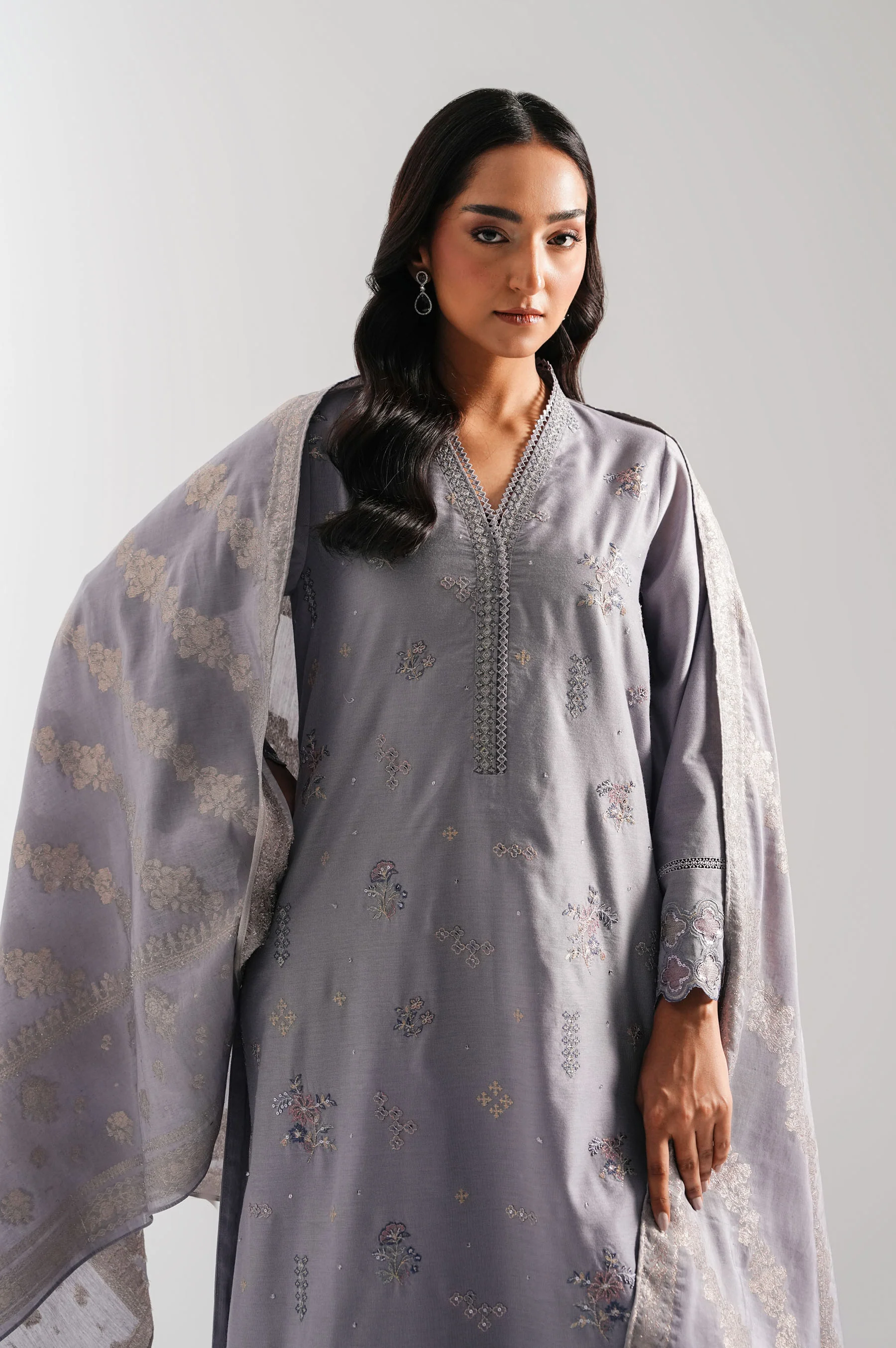 EMBROIDERED COTTON NET UNSTITCHED 3 PIECE SUIT - Image 2