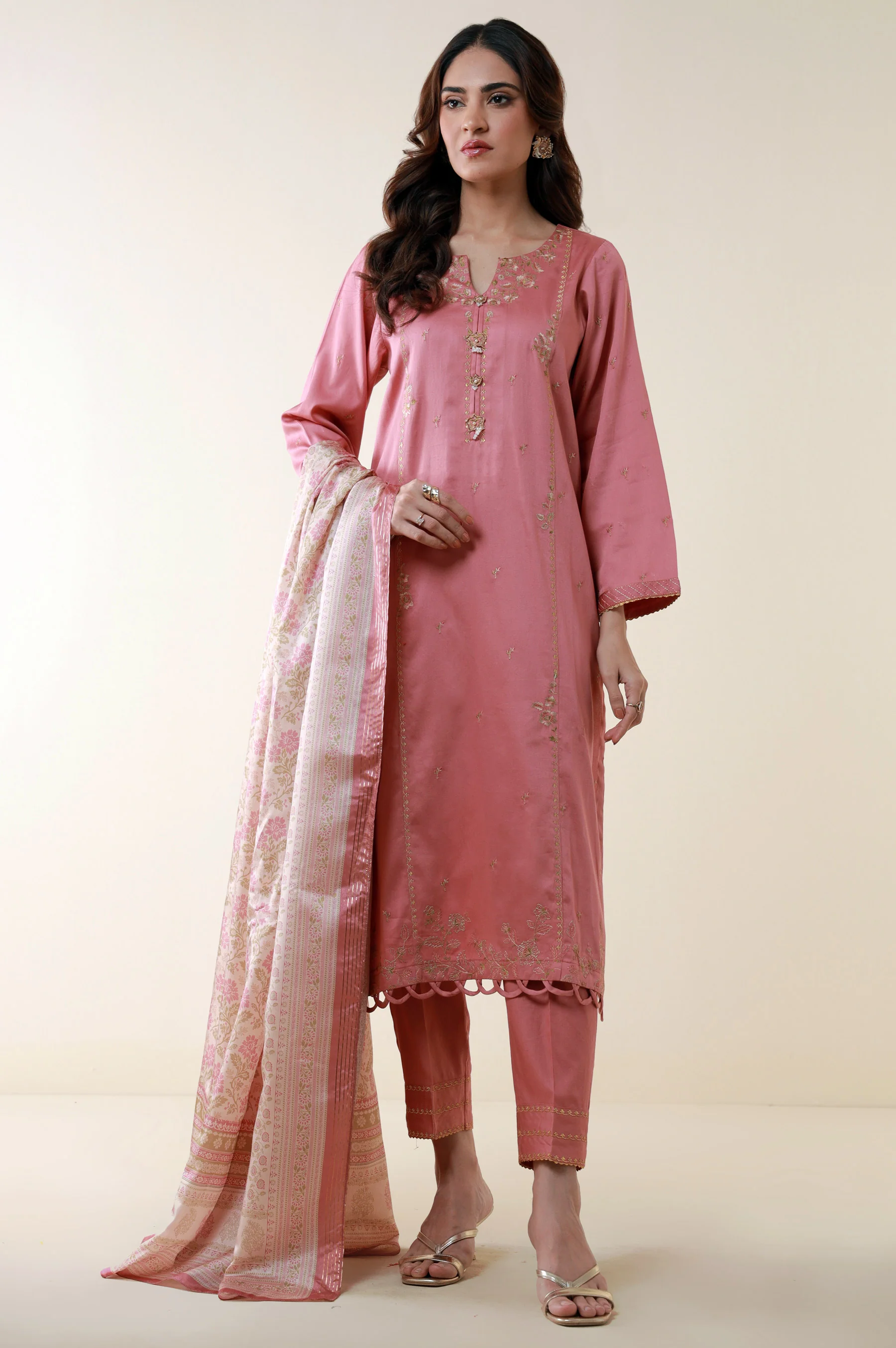 Unstitched 3 Piece Embroidered Cotton Satin Suit