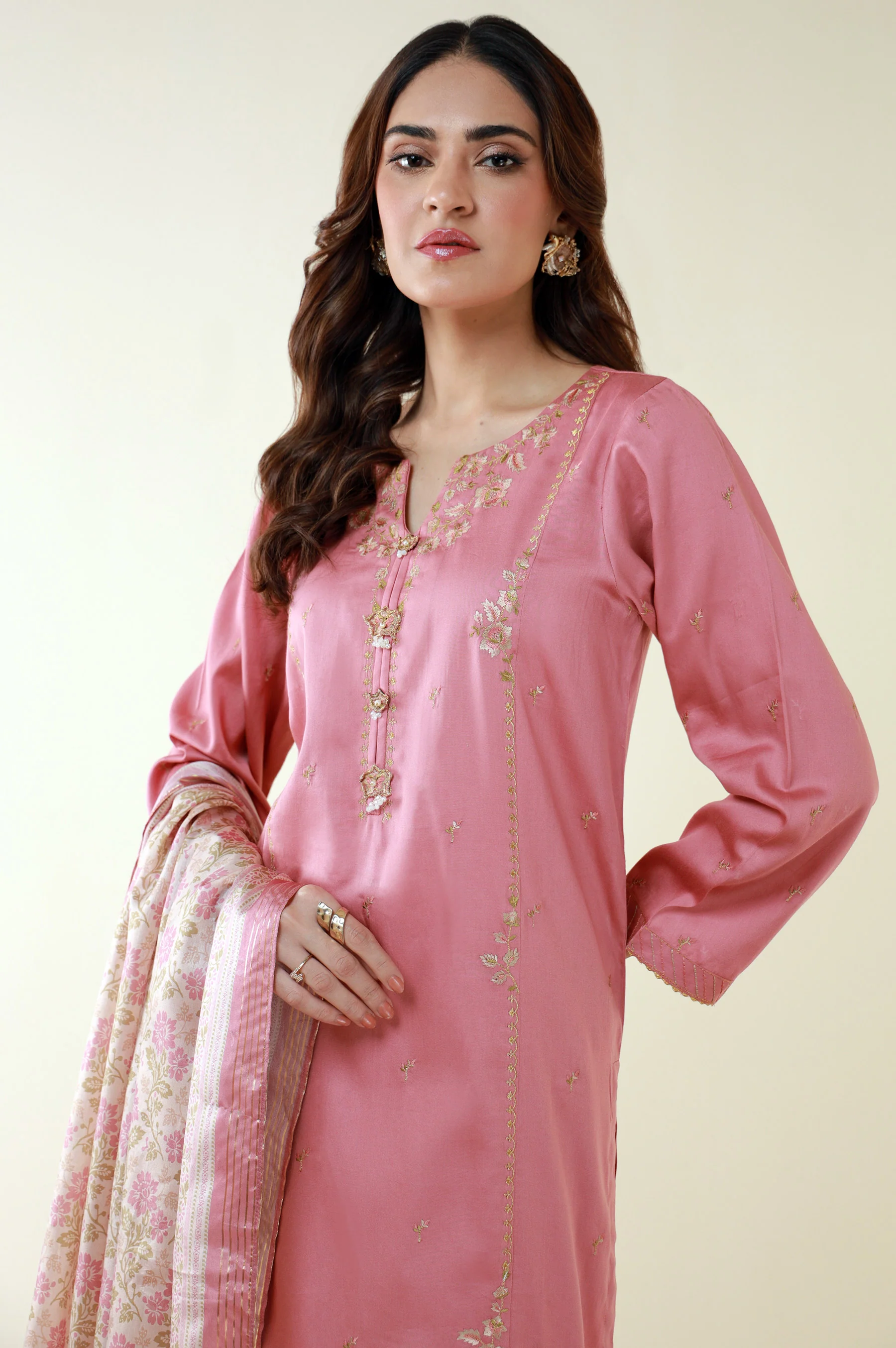 Unstitched 3 Piece Embroidered Cotton Satin Suit - Image 3