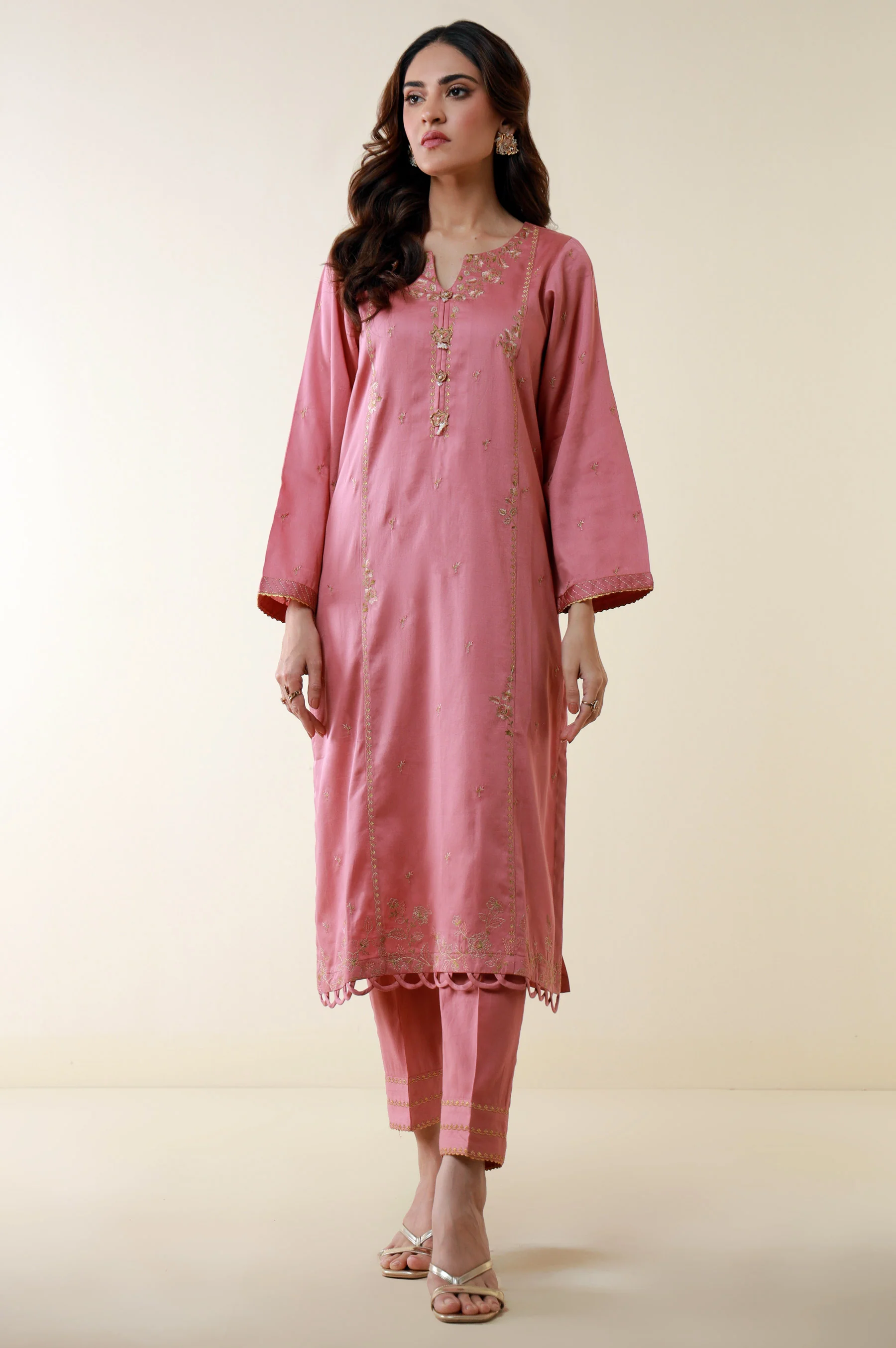 Unstitched 3 Piece Embroidered Cotton Satin Suit - Image 5