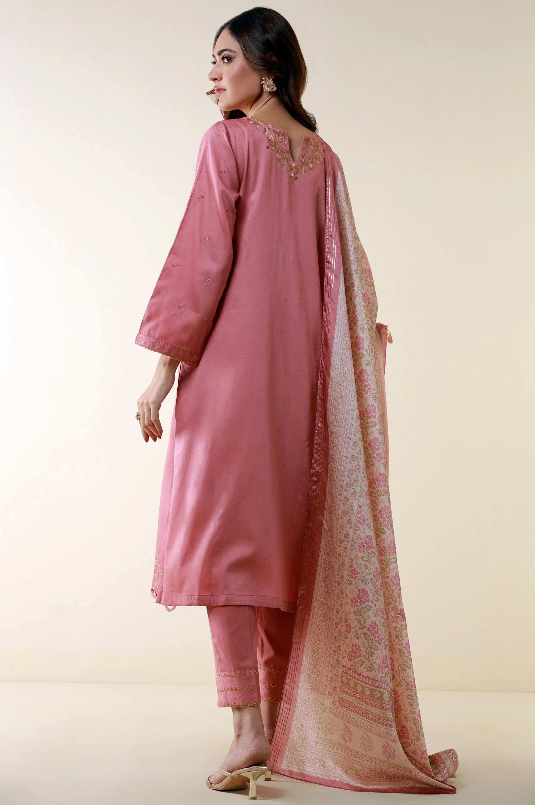 Unstitched 3 Piece Embroidered Cotton Satin Suit - Image 6