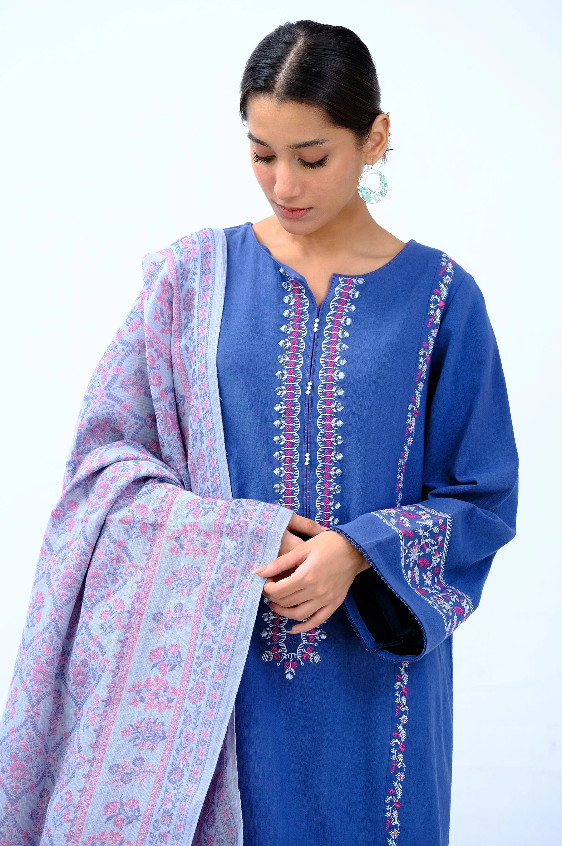 Unstitched 3 Piece Embroidered Khaddar Suit with Yarn Dyed Shawl