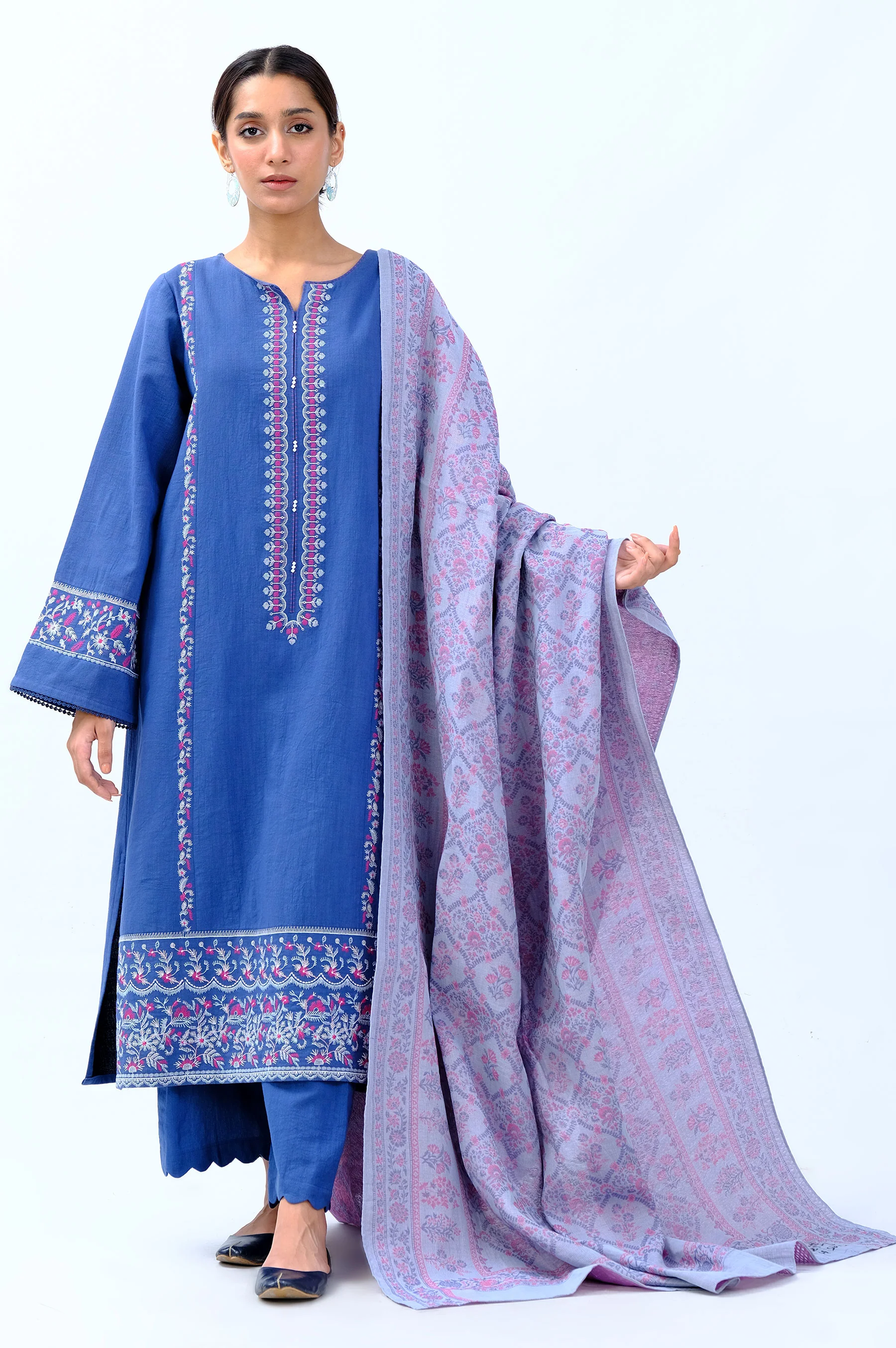 Unstitched 3 Piece Embroidered Khaddar Suit with Yarn Dyed Shawl - Image 2