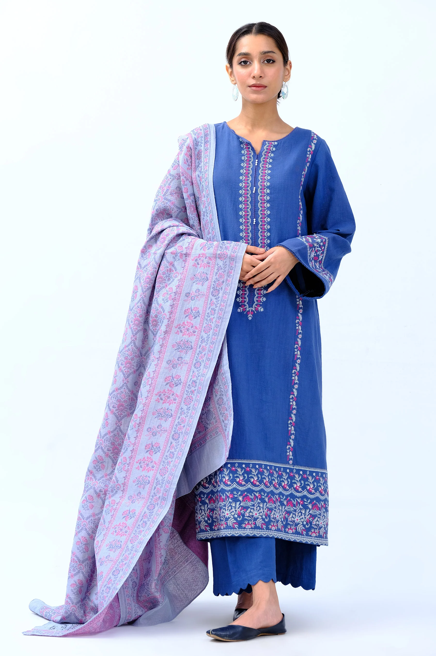 Unstitched 3 Piece Embroidered Khaddar Suit with Yarn Dyed Shawl - Image 4