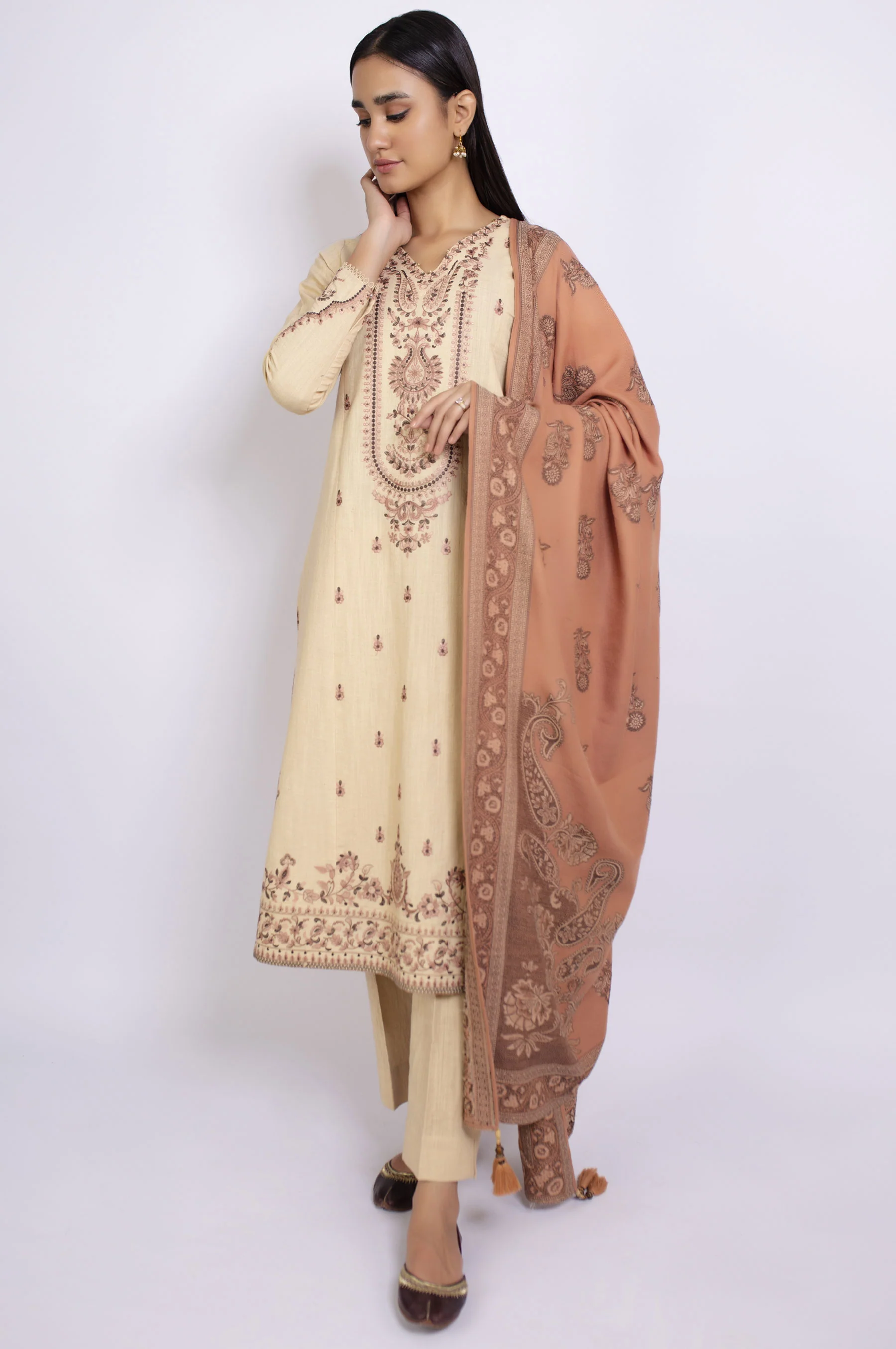 Unstitched 3 Piece Embroidered Khaddar shirt with Jacquard Shawl