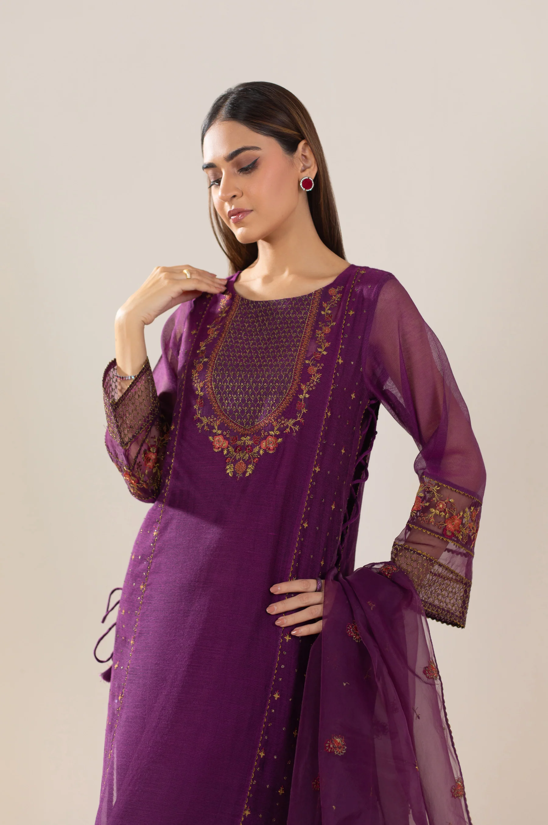 Unstitched 3 Piece Embroidered Khaddi Net Suit - Image 2
