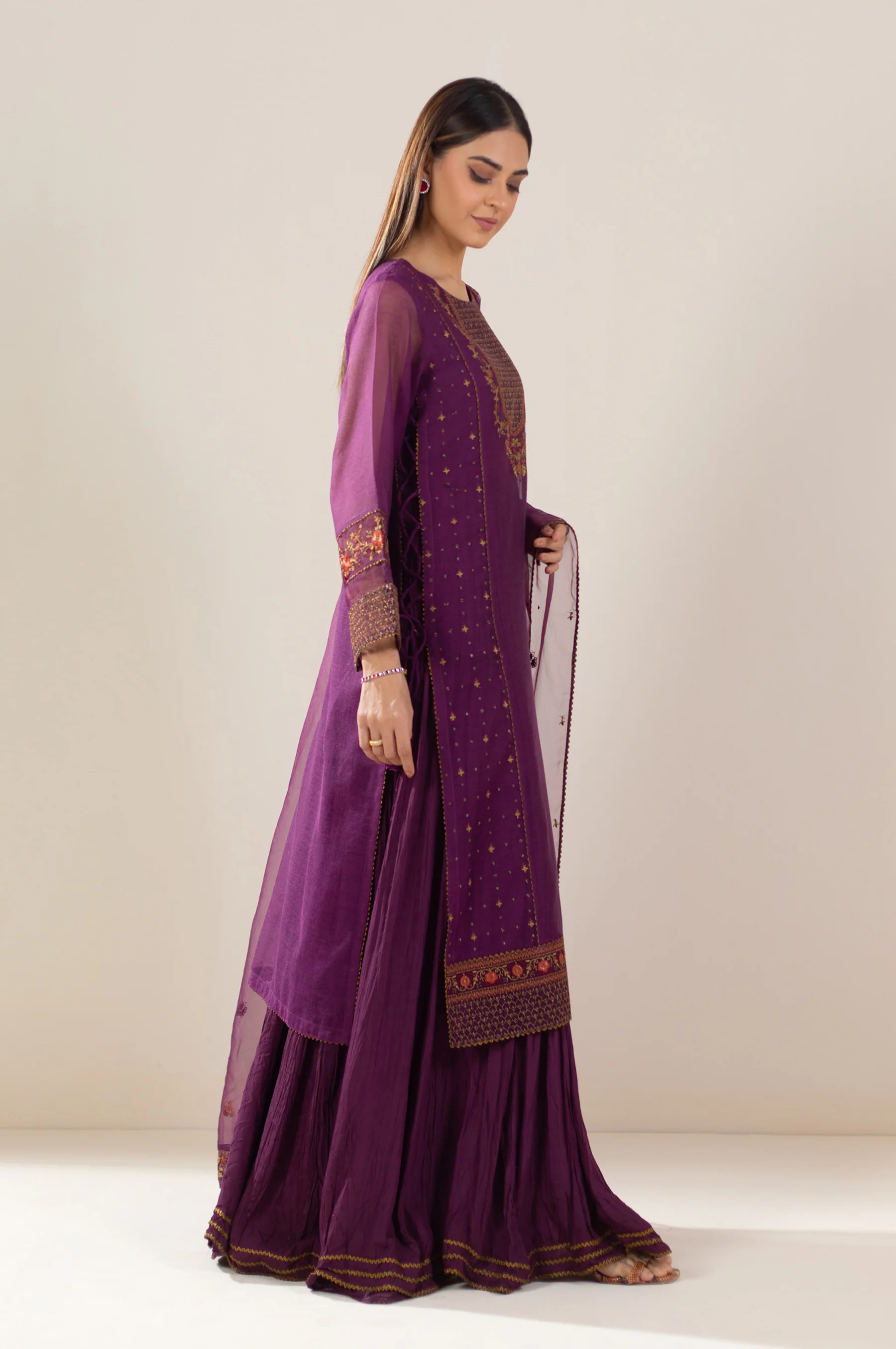Unstitched 3 Piece Embroidered Khaddi Net Suit - Image 3