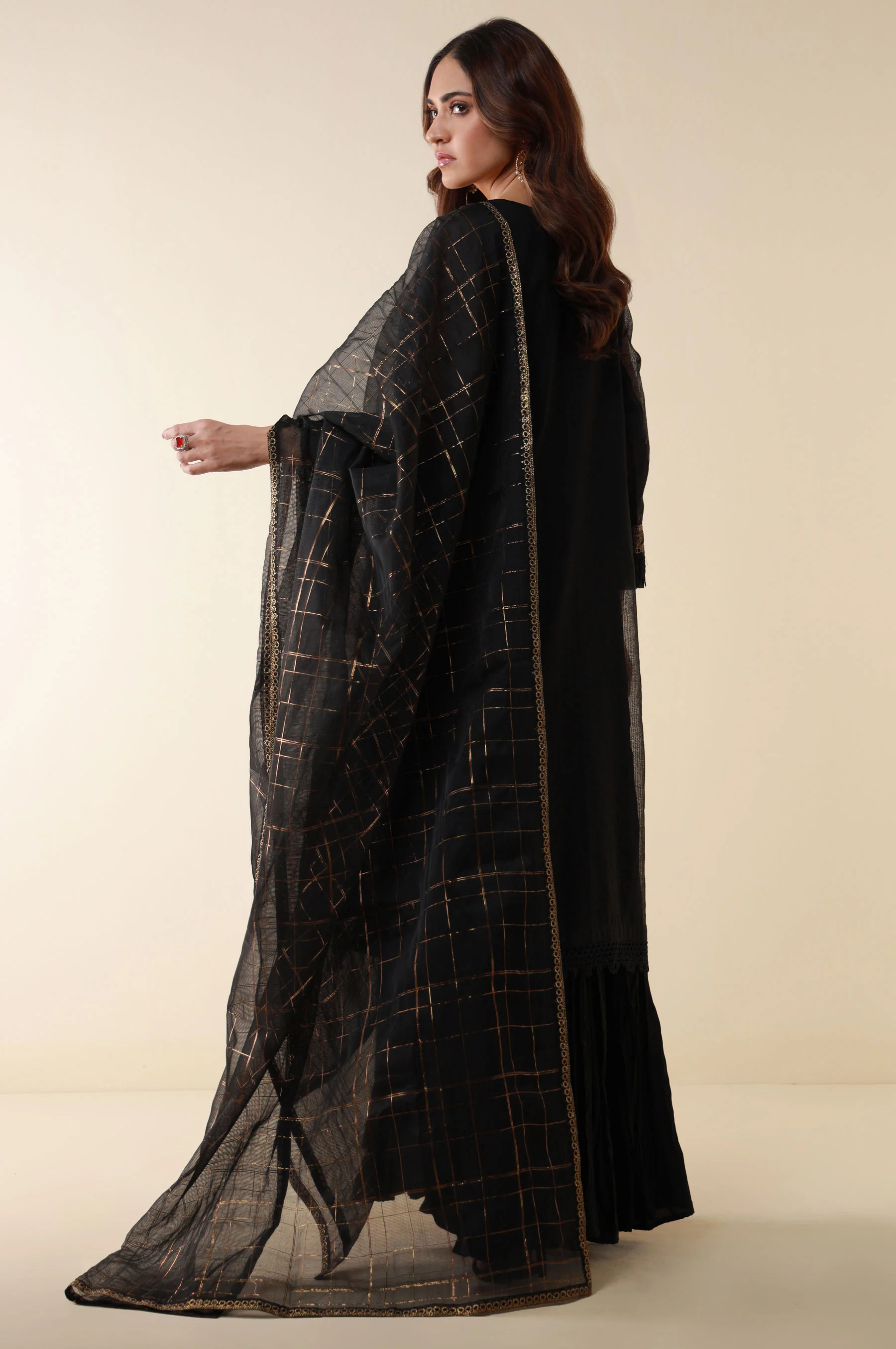 Unstitched 3 Piece Embroidered Khaddi Net Shirt With Checkered Lurex Dupatta - Image 2