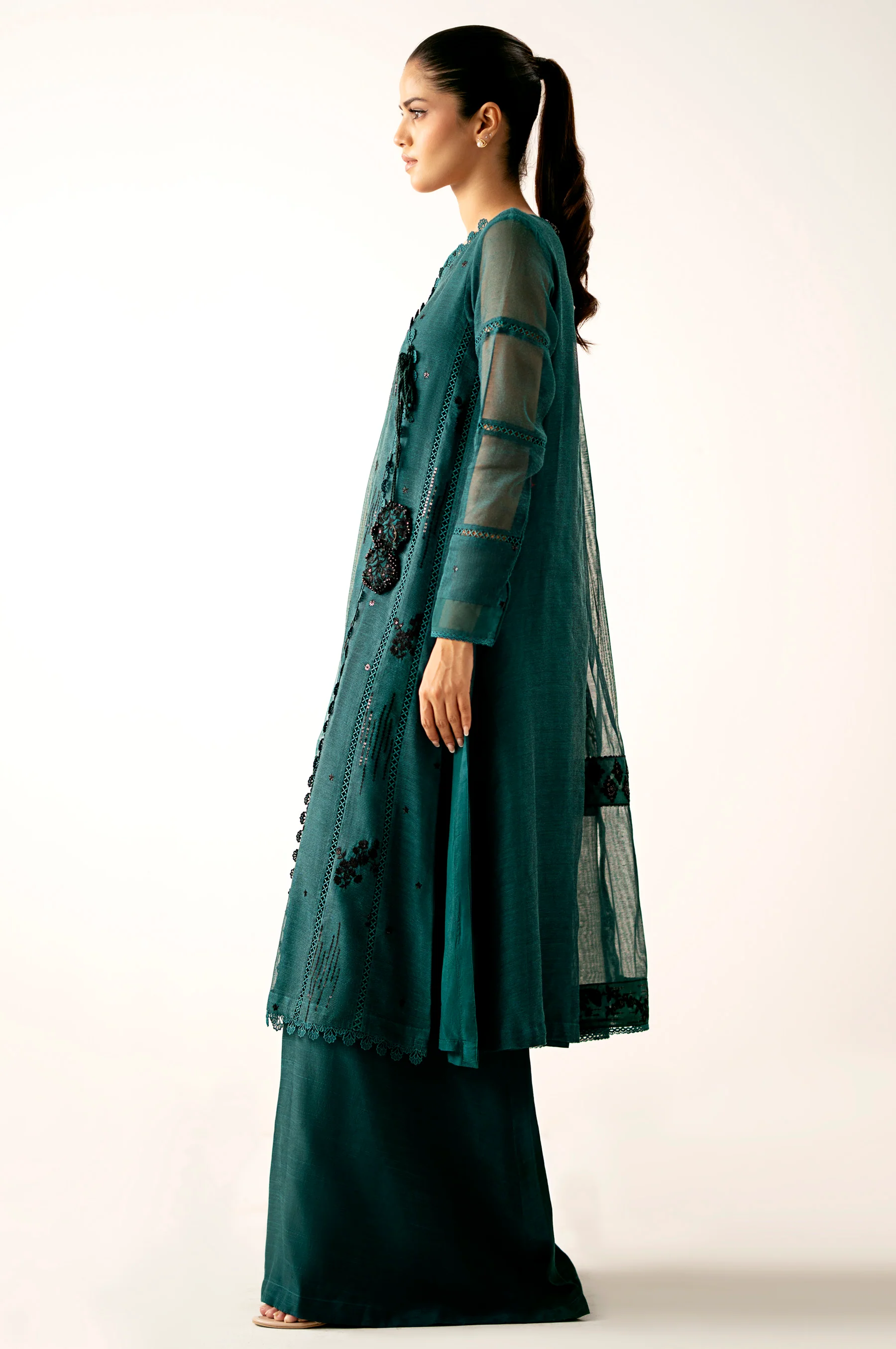 Unstitched 3 Piece Embroidered Khaddi Net Suit - Image 2
