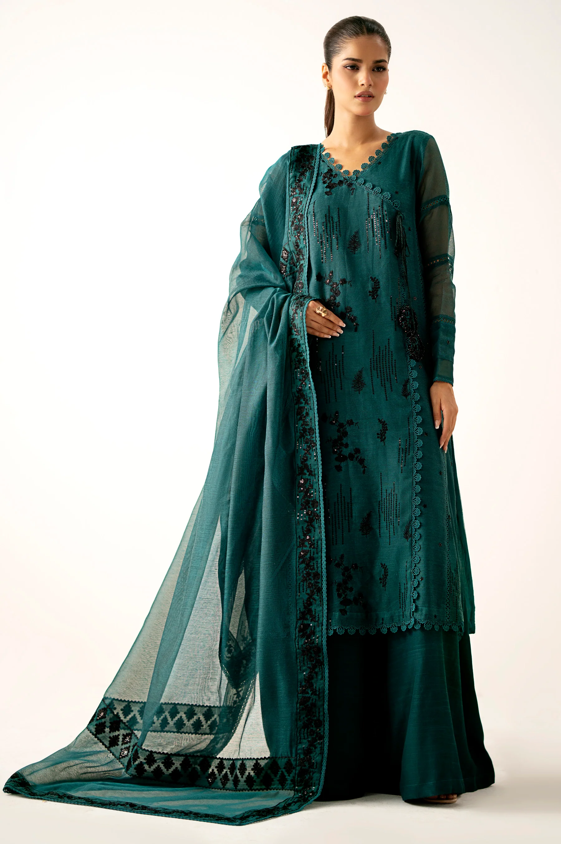 Unstitched 3 Piece Embroidered Khaddi Net Suit - Image 3