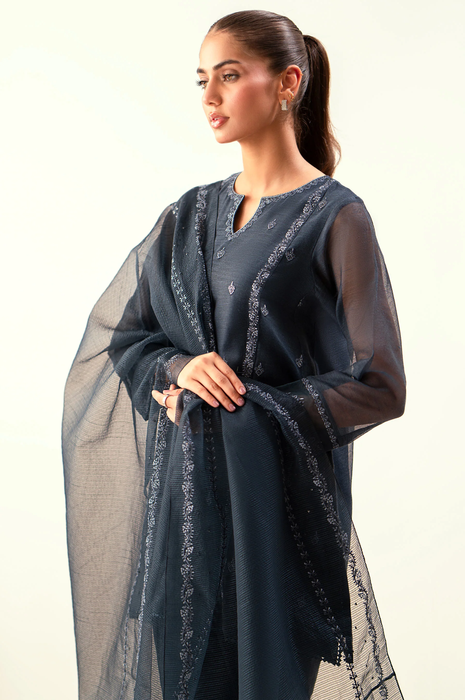 Unstitched 3 Piece Embroidered Khaddi Net Suit - Image 2