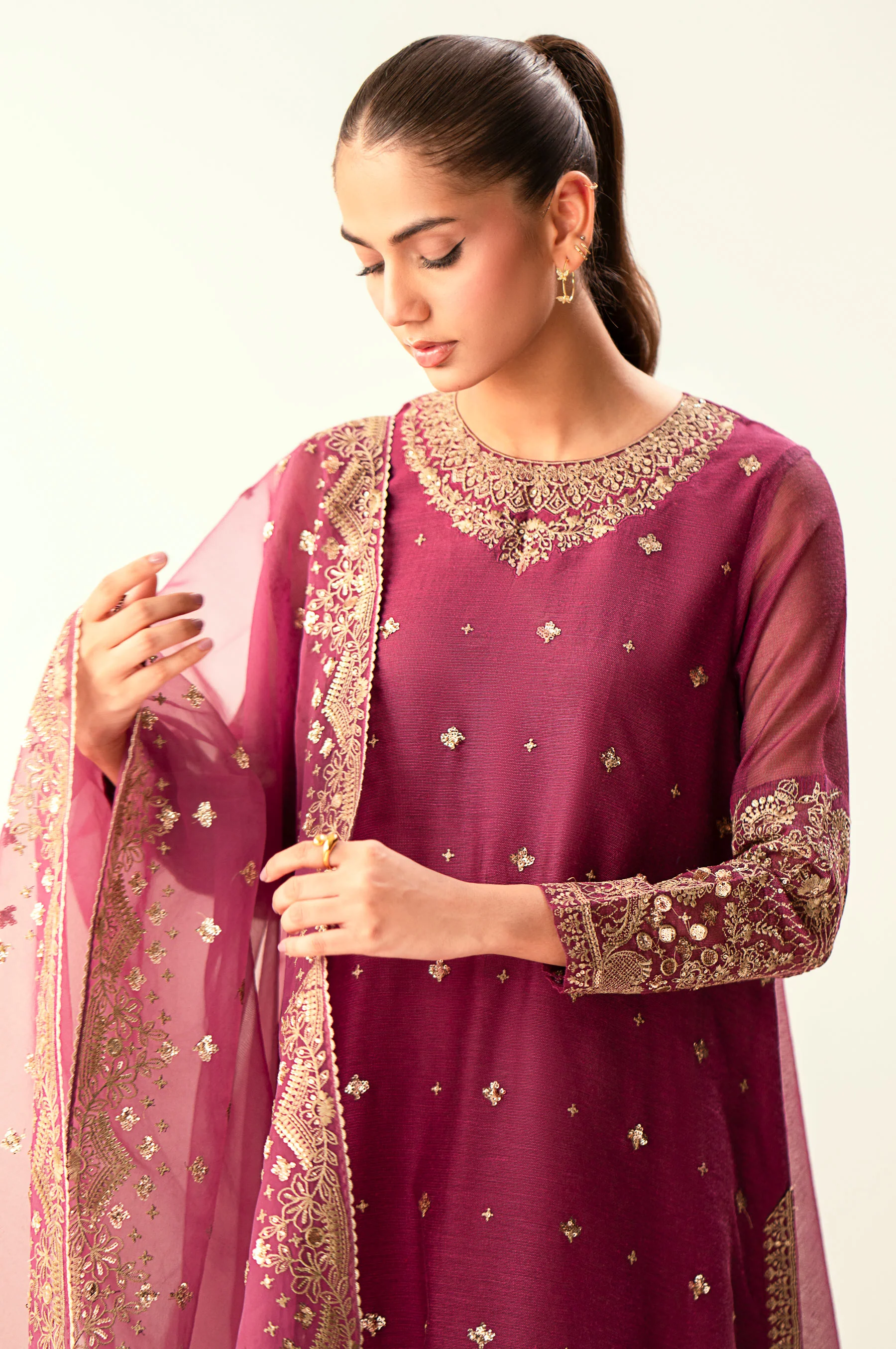 Unstitched 3 Piece Embroidered Khaddi Net Suit - Image 2