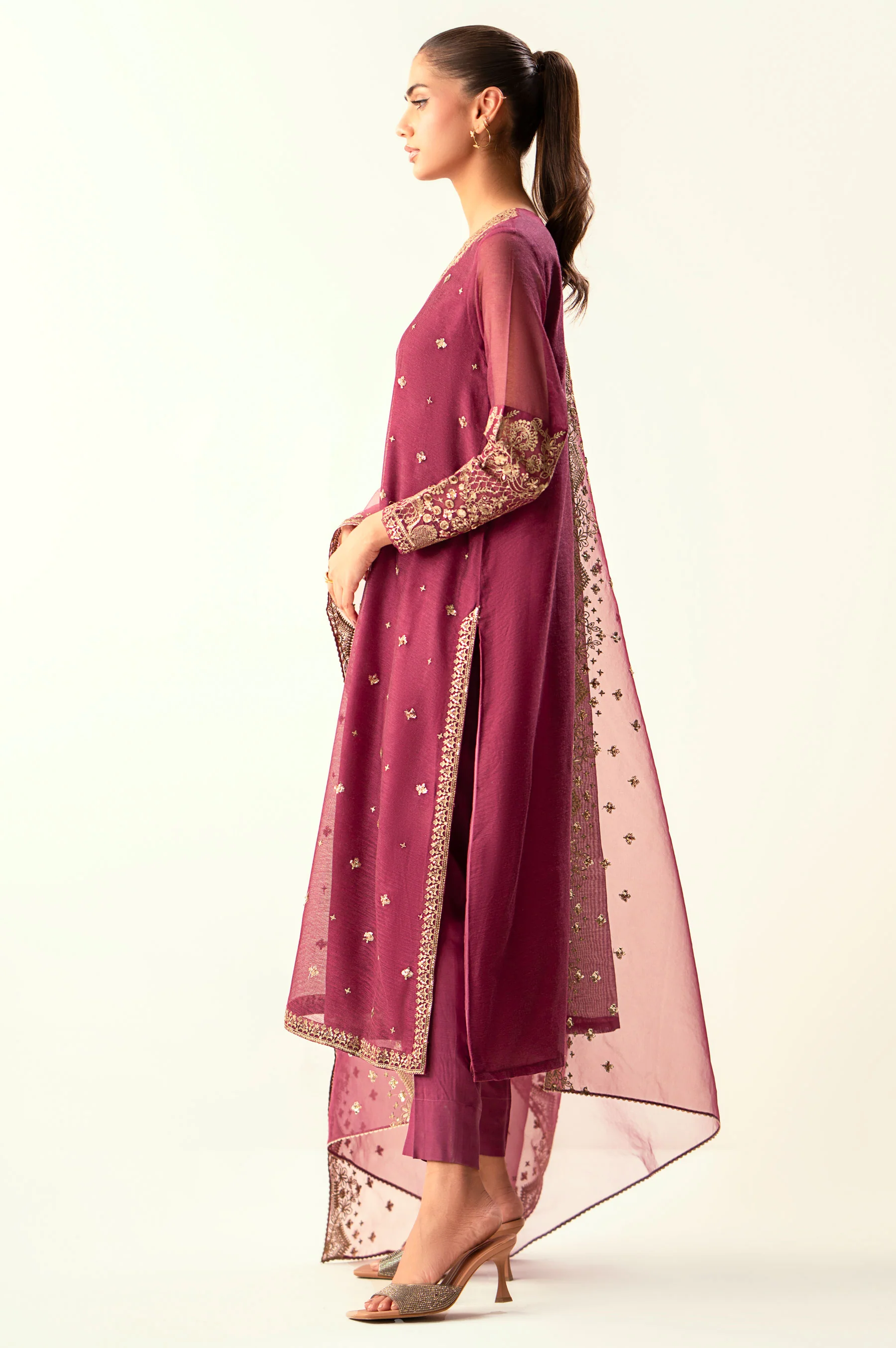 Unstitched 3 Piece Embroidered Khaddi Net Suit - Image 3