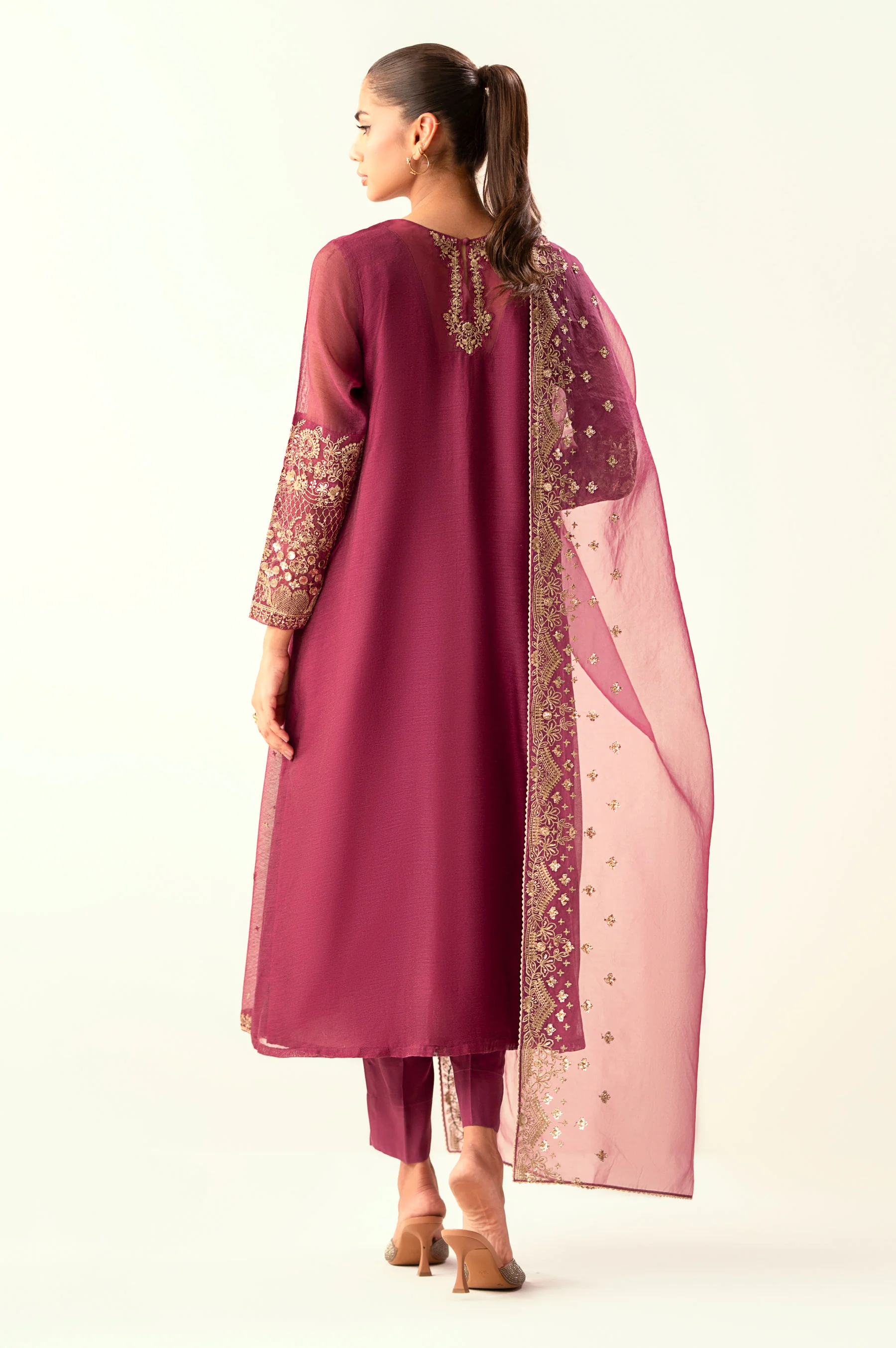 Unstitched 3 Piece Embroidered Khaddi Net Suit - Image 4