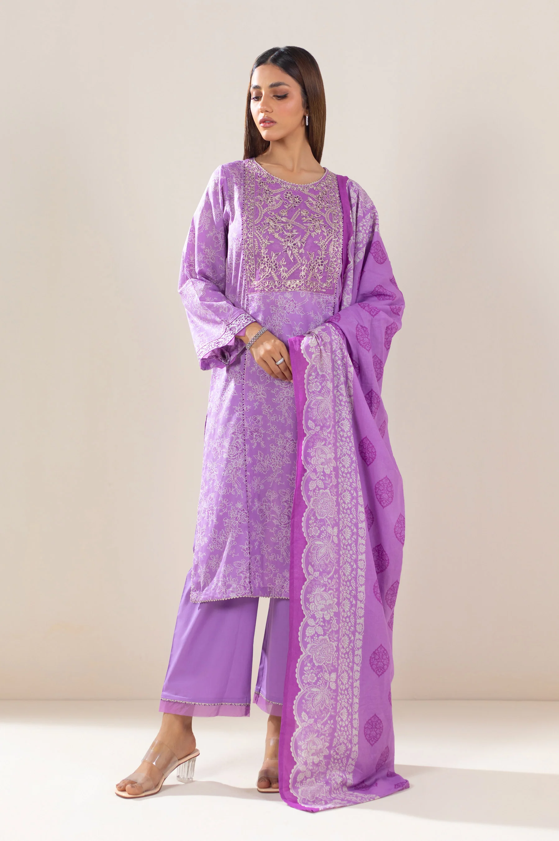 Unstitched 3 Piece Embroidered Lawn Suit - Image 4