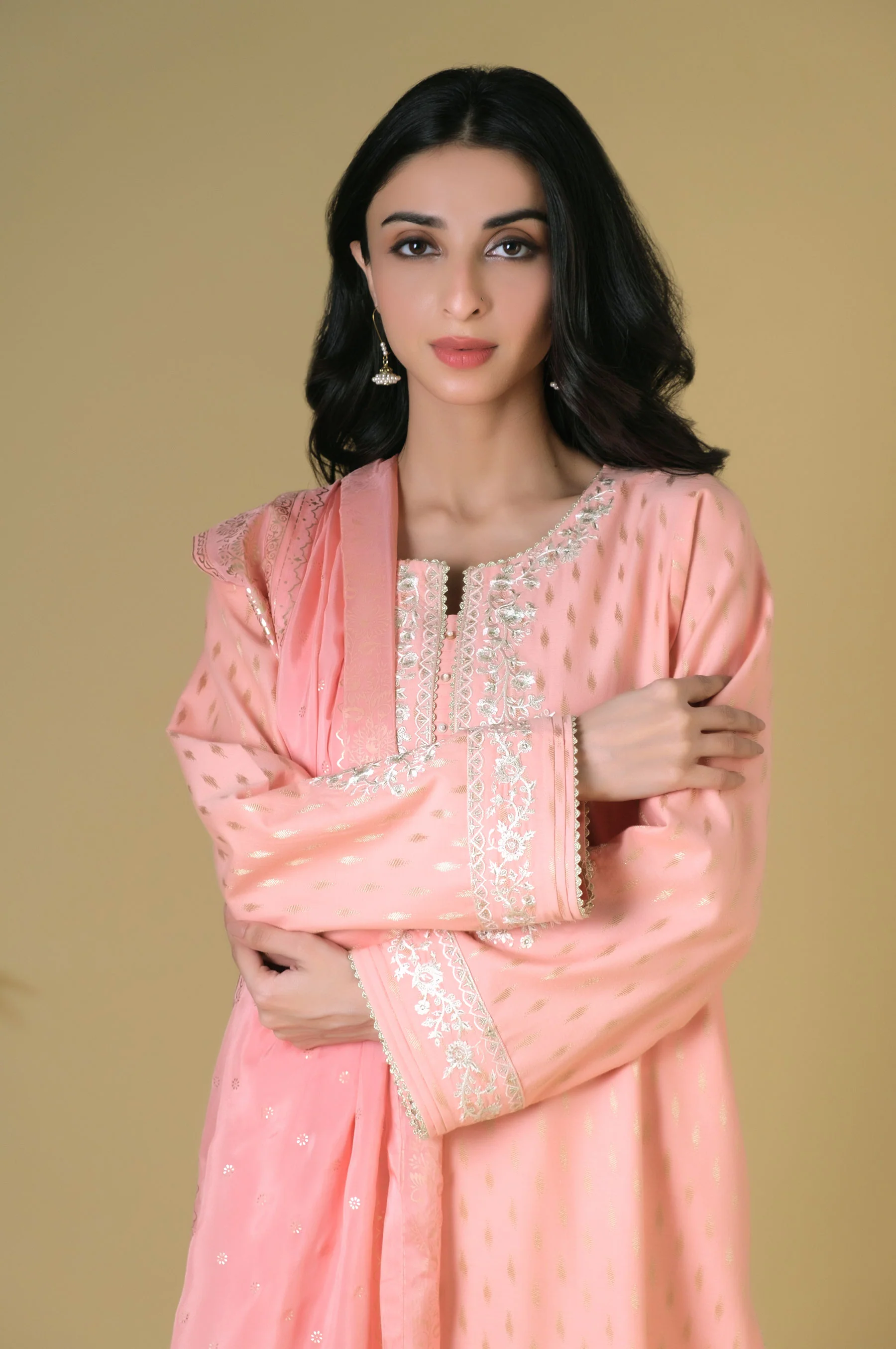 Unstitched 3 Piece Embroidered Mysuri Jacquard Shirt with Silk Dupatta - Image 4