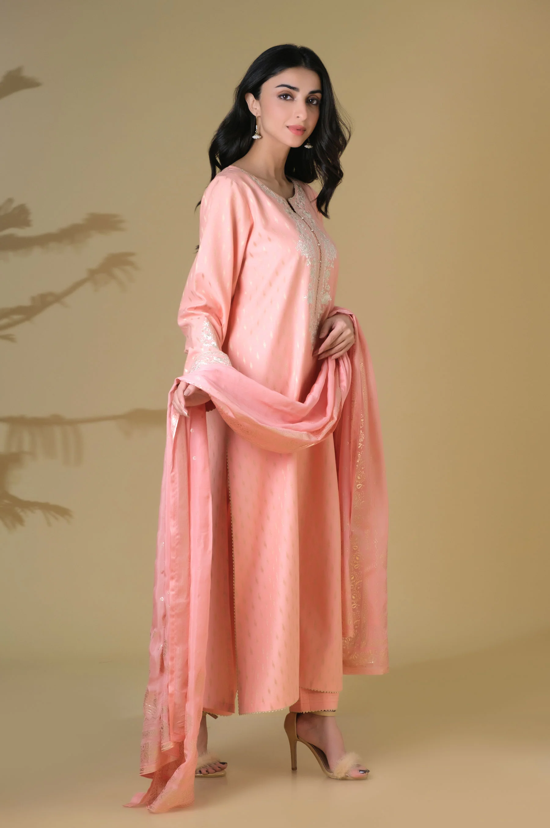 Unstitched 3 Piece Embroidered Mysuri Jacquard Shirt with Silk Dupatta - Image 5