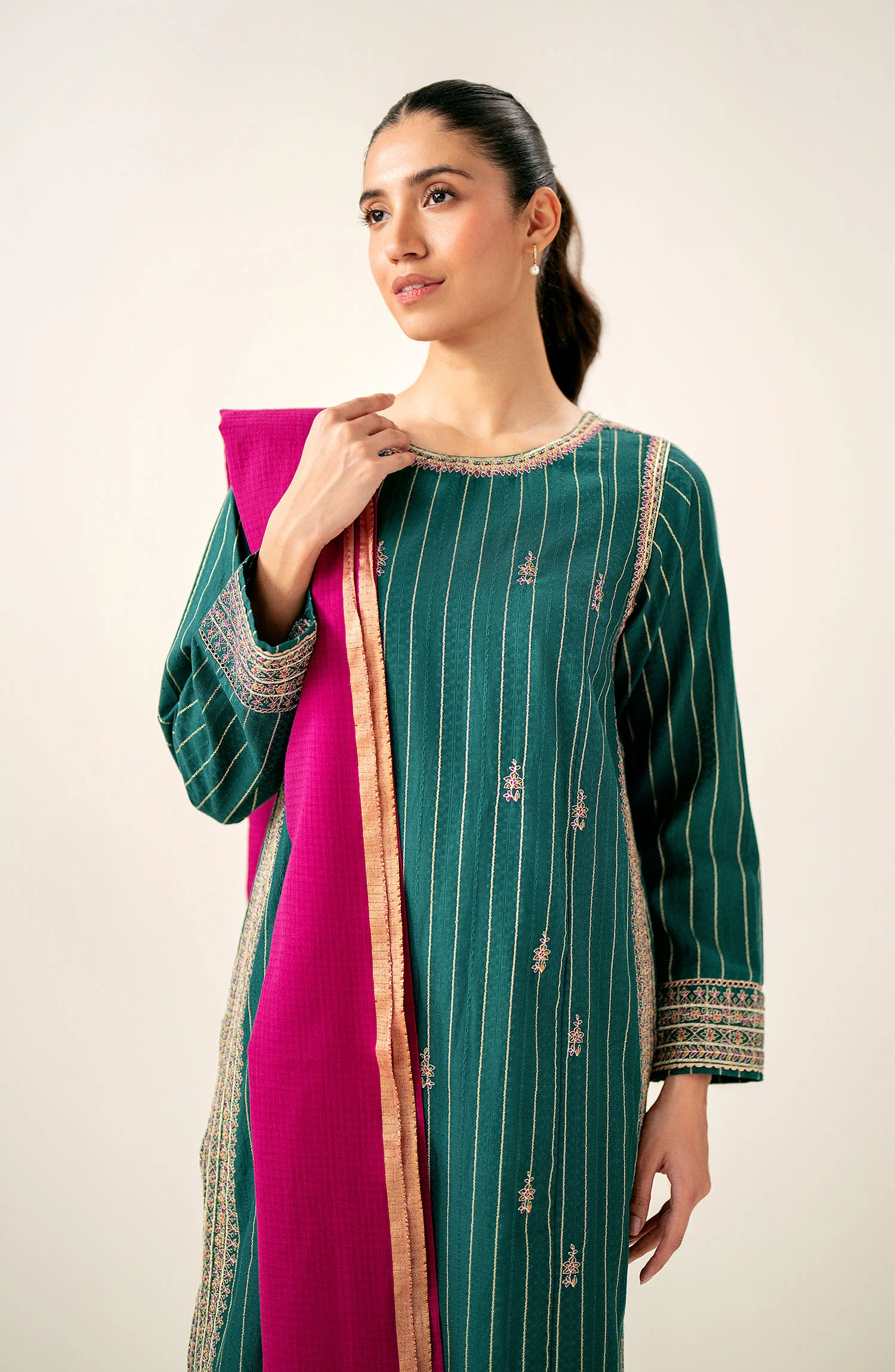 Unstitched 3 Piece Embroidered Mysuri Jacquard Shirt with Dyed Cotton Zari Dupatta - Image 2