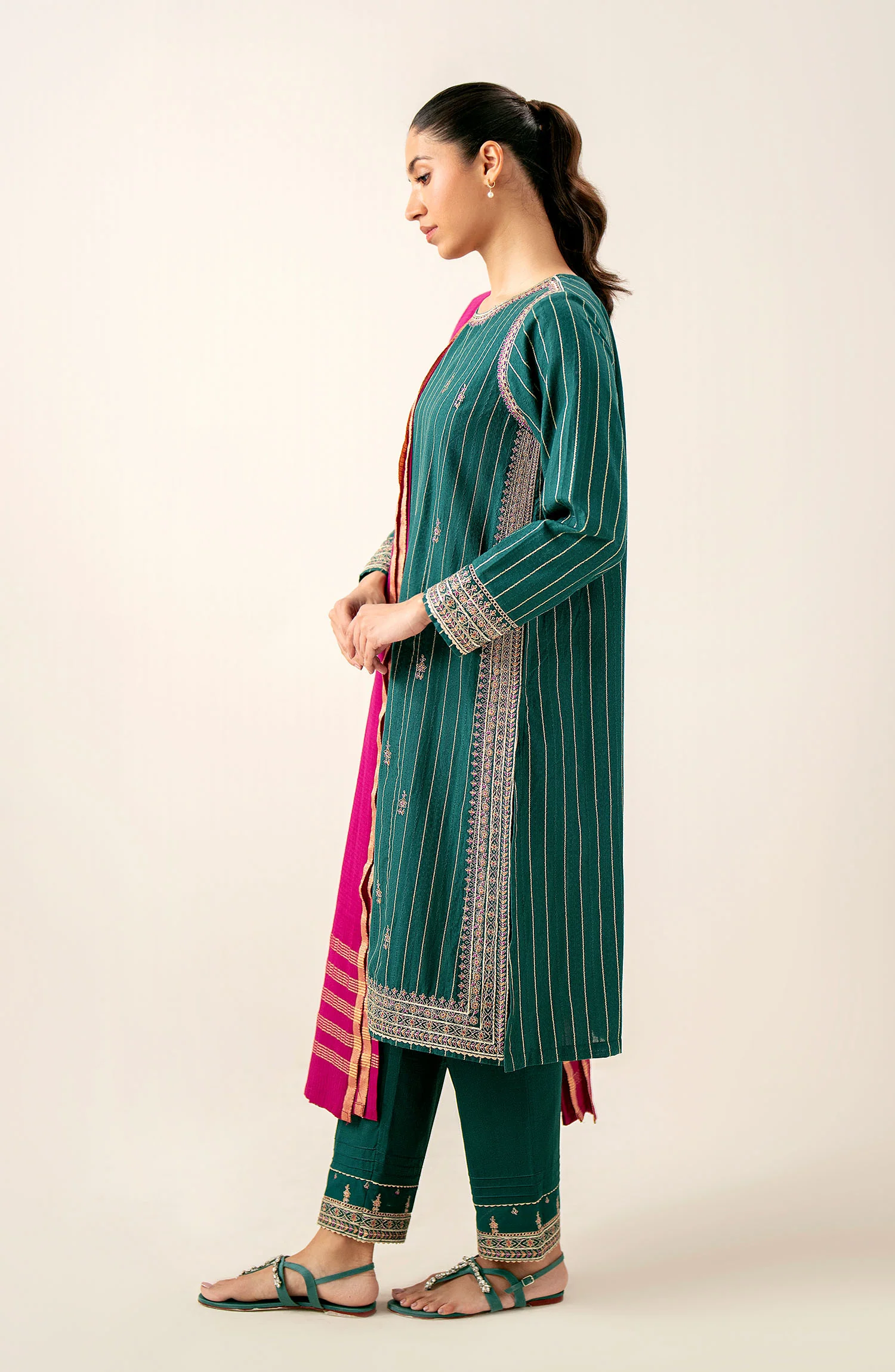 Unstitched 3 Piece Embroidered Mysuri Jacquard Shirt with Dyed Cotton Zari Dupatta - Image 3