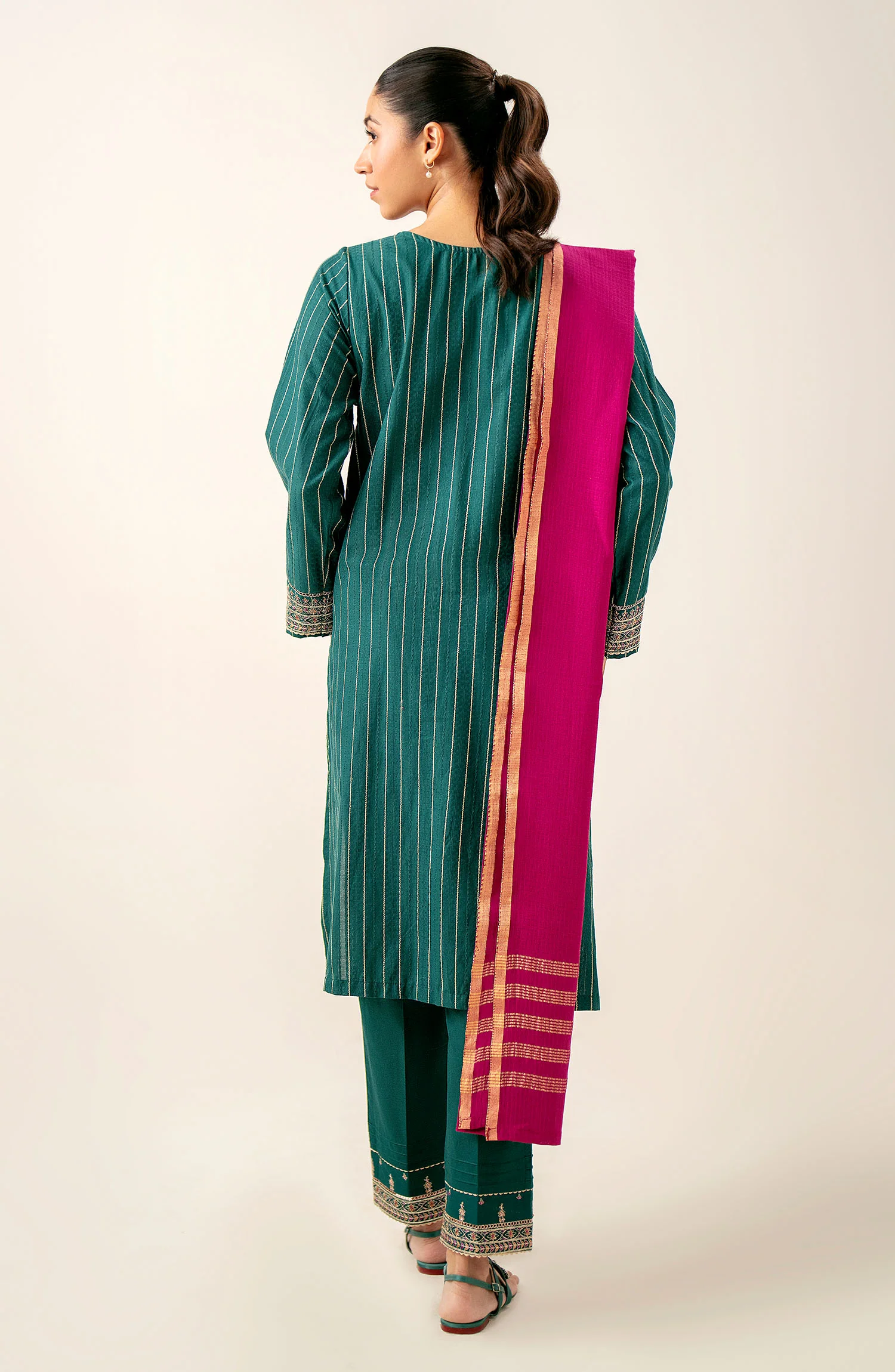 Unstitched 3 Piece Embroidered Mysuri Jacquard Shirt with Dyed Cotton Zari Dupatta - Image 4