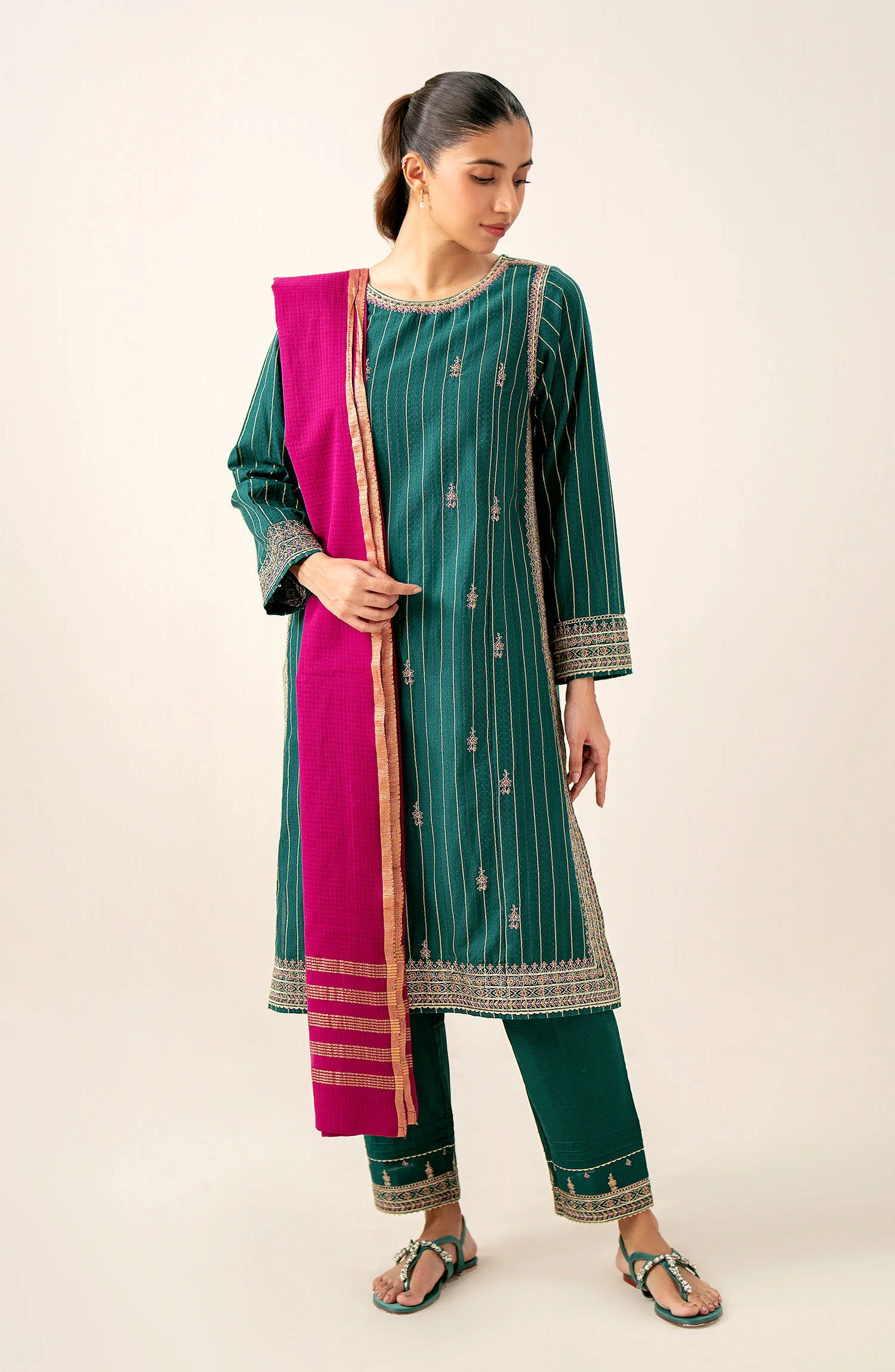 Unstitched 3 Piece Embroidered Mysuri Jacquard Shirt with Dyed Cotton Zari Dupatta - Image 5