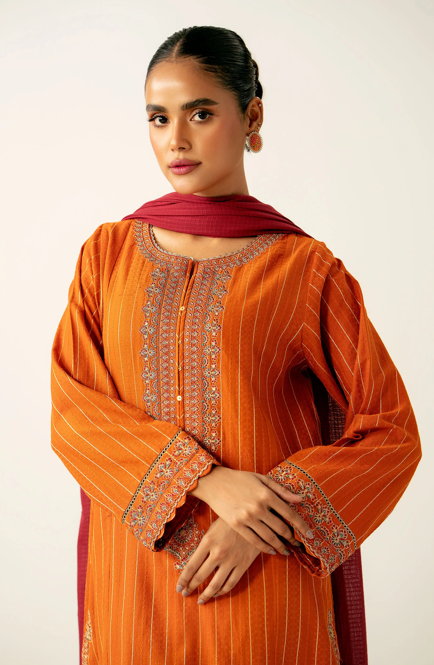 Unstitched 3 Piece Embroidered Mysuri Jacquard Shirt with Dyed Cotton Zari Dupatta - Image 3