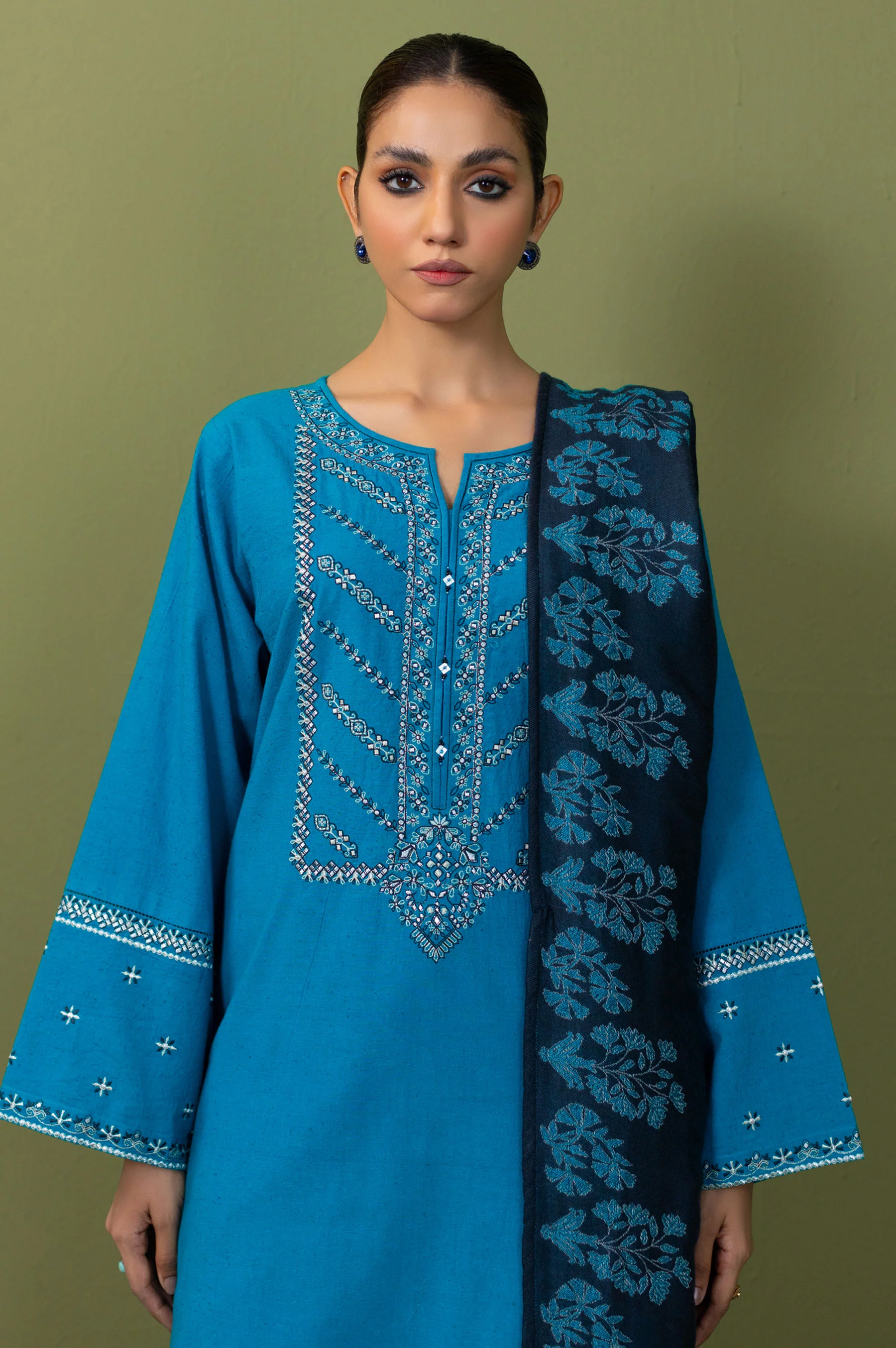 Unstitched 3 Piece Embroidered Neps Khaddar Suit - Image 2