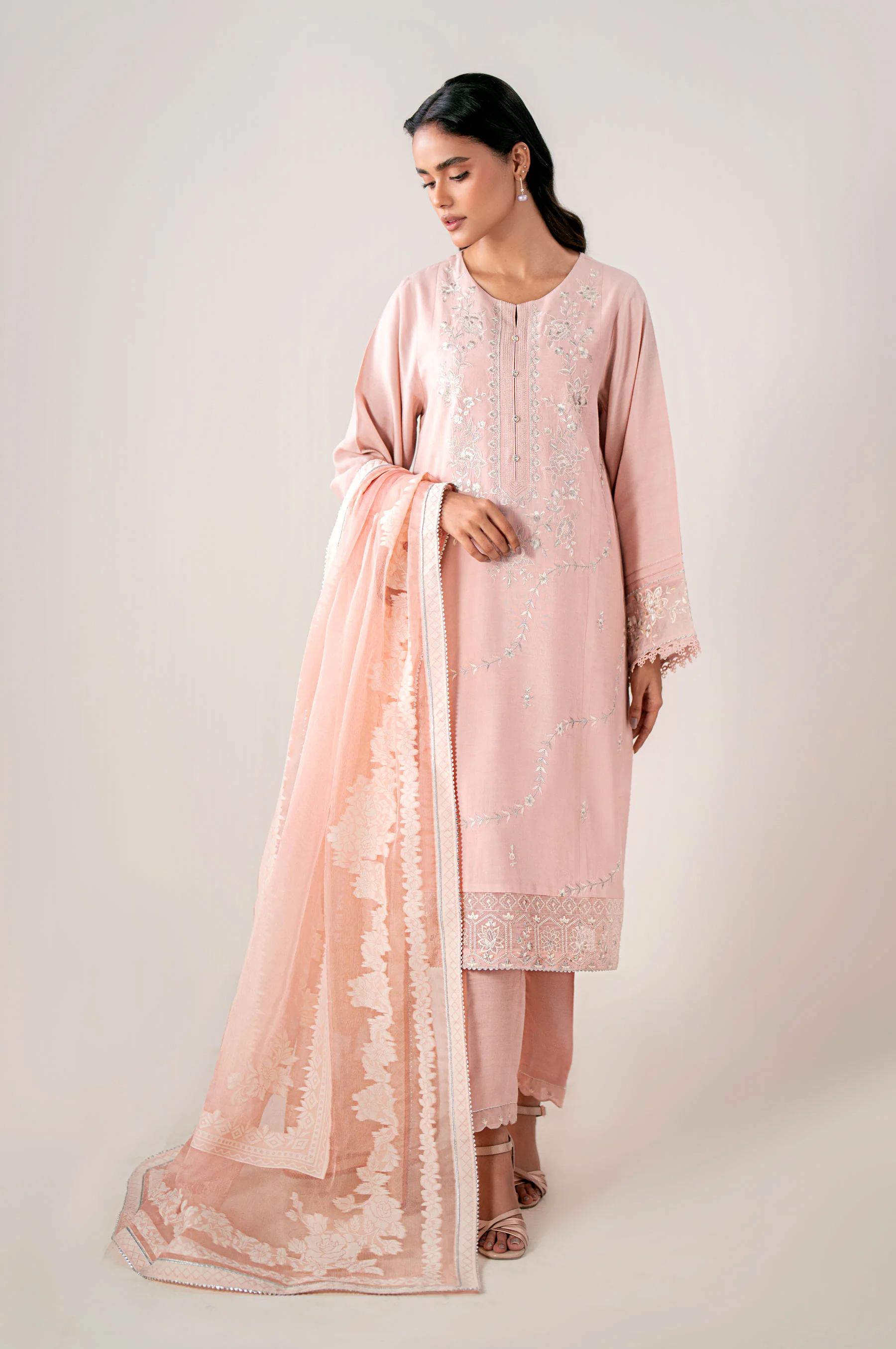 Unstitched 3 Piece Embroidered Oak Silk Shirt with Cotton Net Jacquard Dupatta - Image 3