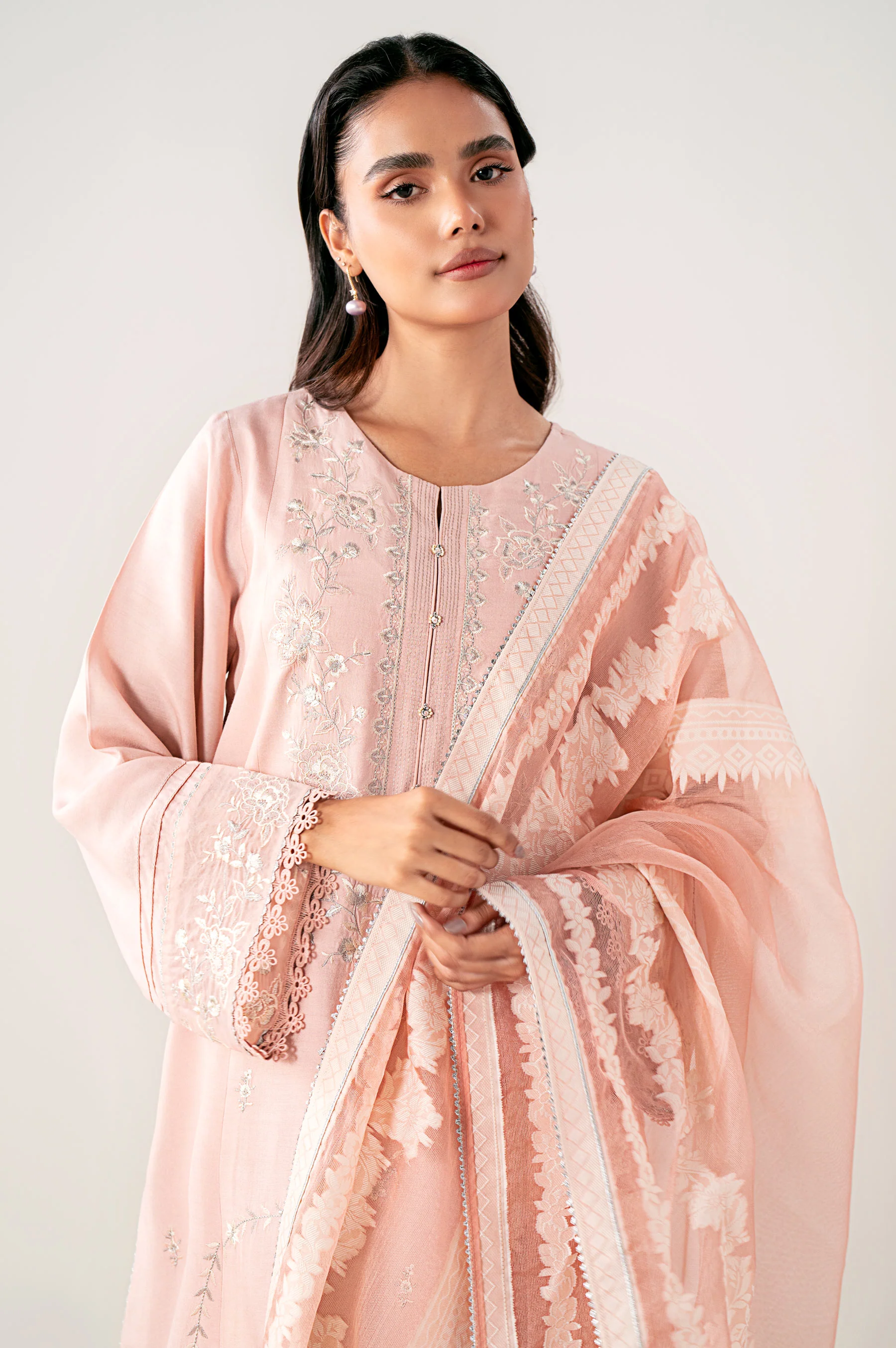 Unstitched 3 Piece Embroidered Oak Silk Shirt with Cotton Net Jacquard Dupatta - Image 5