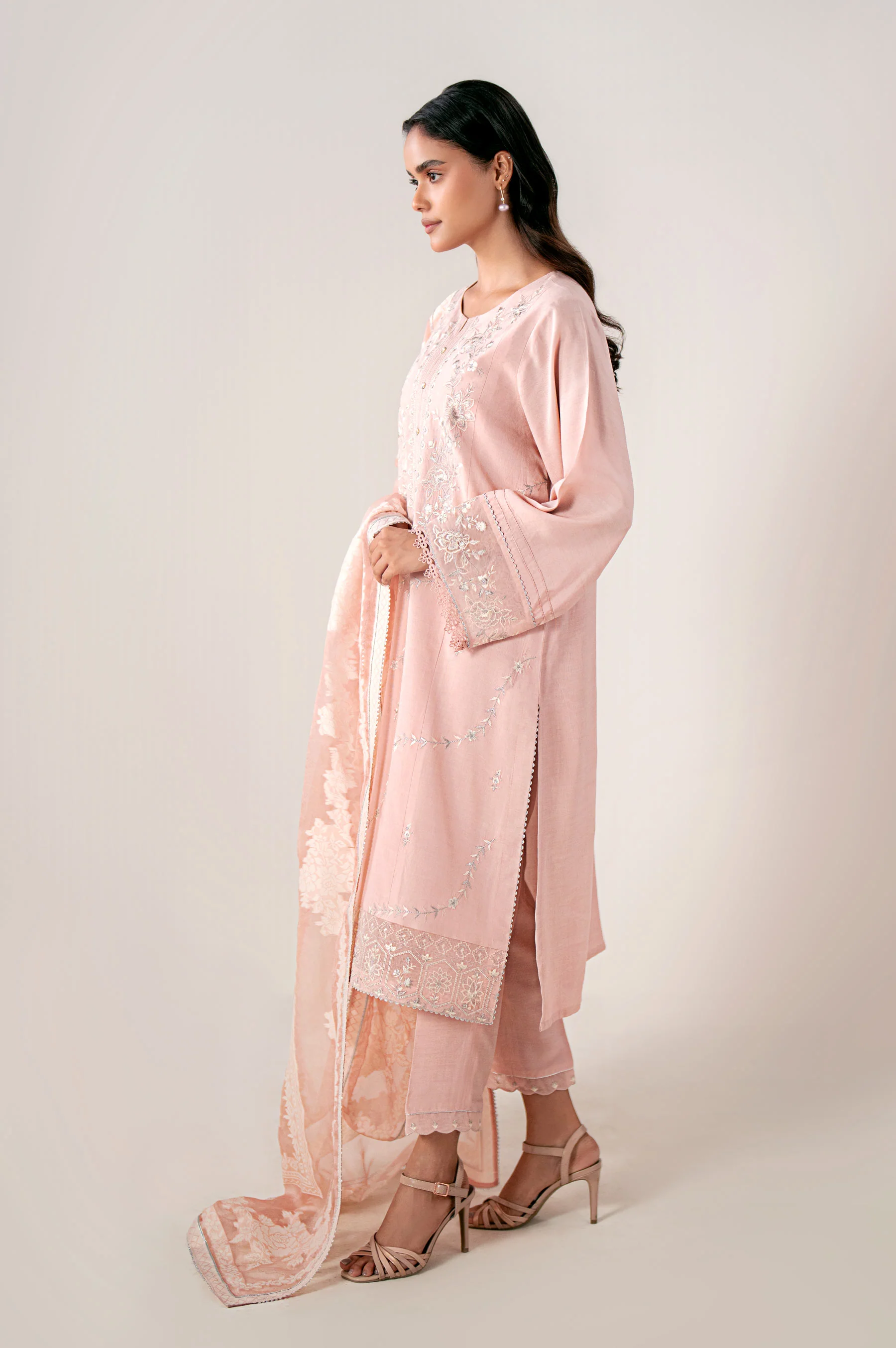 Unstitched 3 Piece Embroidered Oak Silk Shirt with Cotton Net Jacquard Dupatta - Image 6