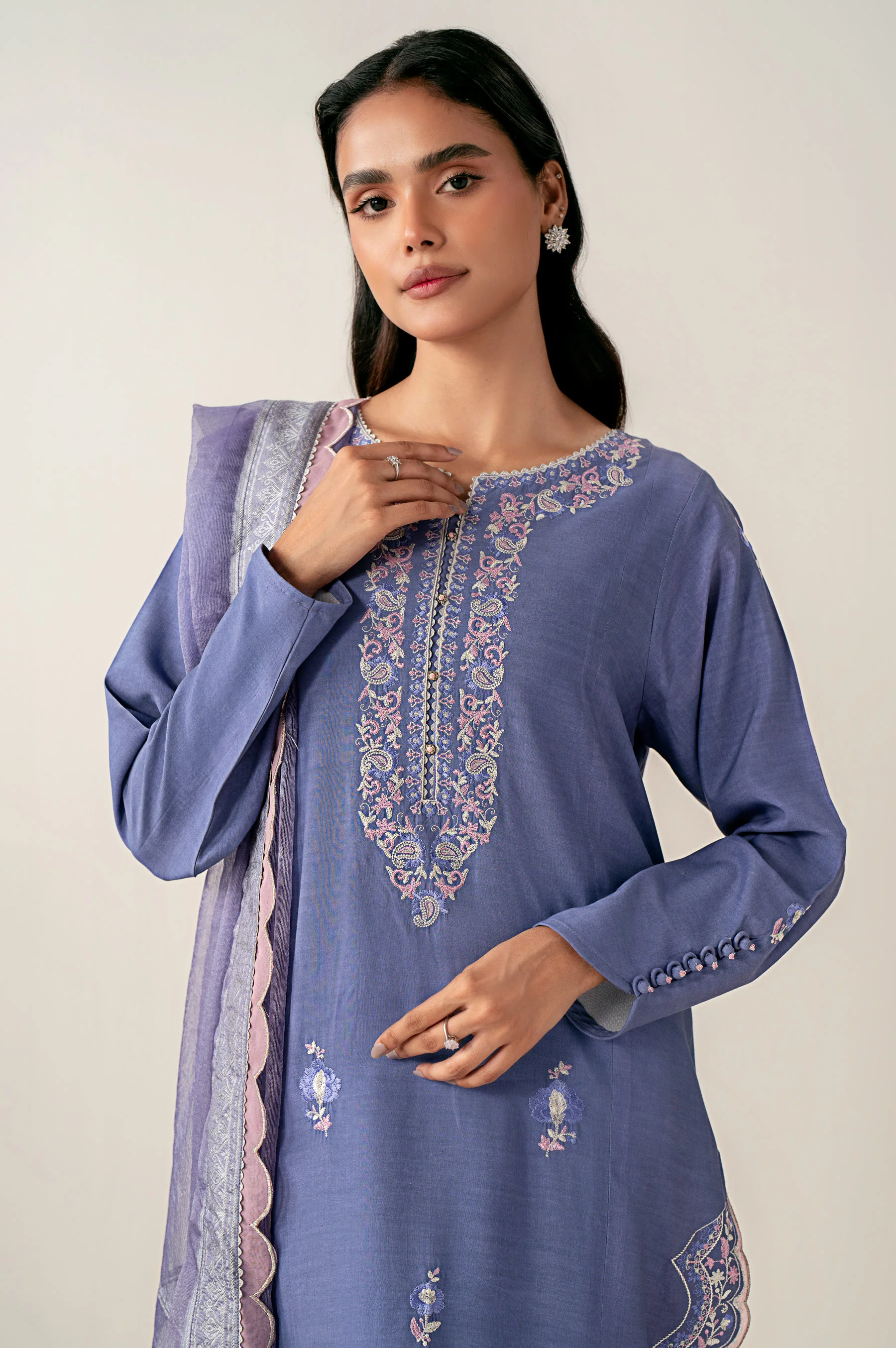 Unstitched 3 Piece Embroidered Oak Silk Shirt with Cotton Net Jacquard Dupatta - Image 2