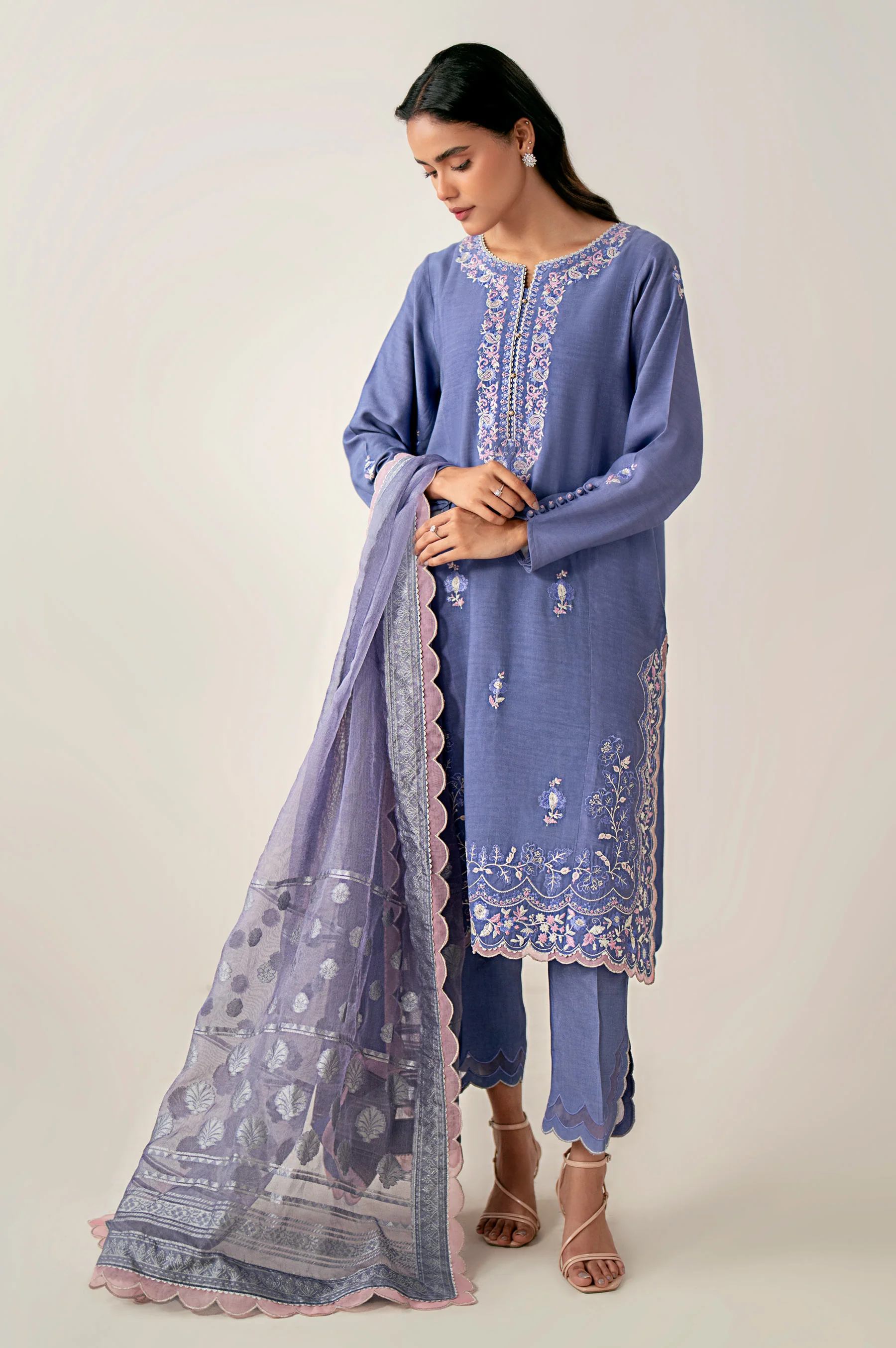 Unstitched 3 Piece Embroidered Oak Silk Shirt with Cotton Net Jacquard Dupatta - Image 3