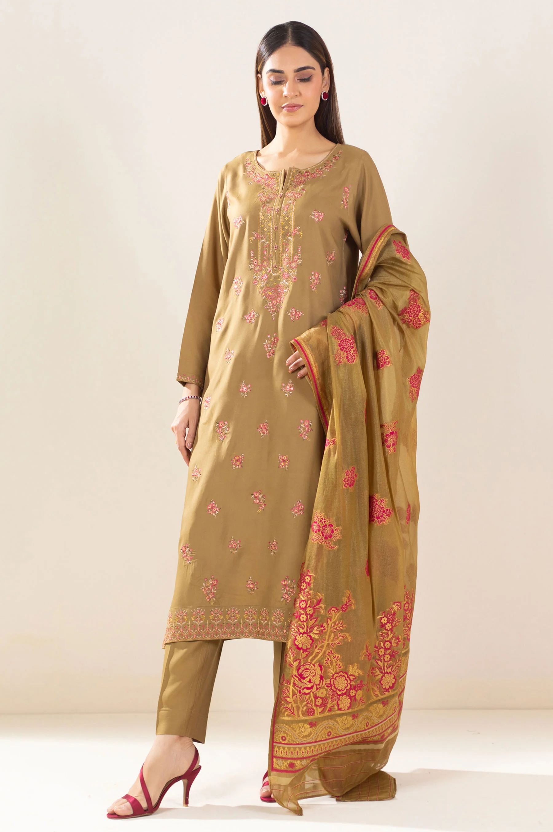 Unstitched 3 Piece Embroidered Oak Silk Suit - Image 2