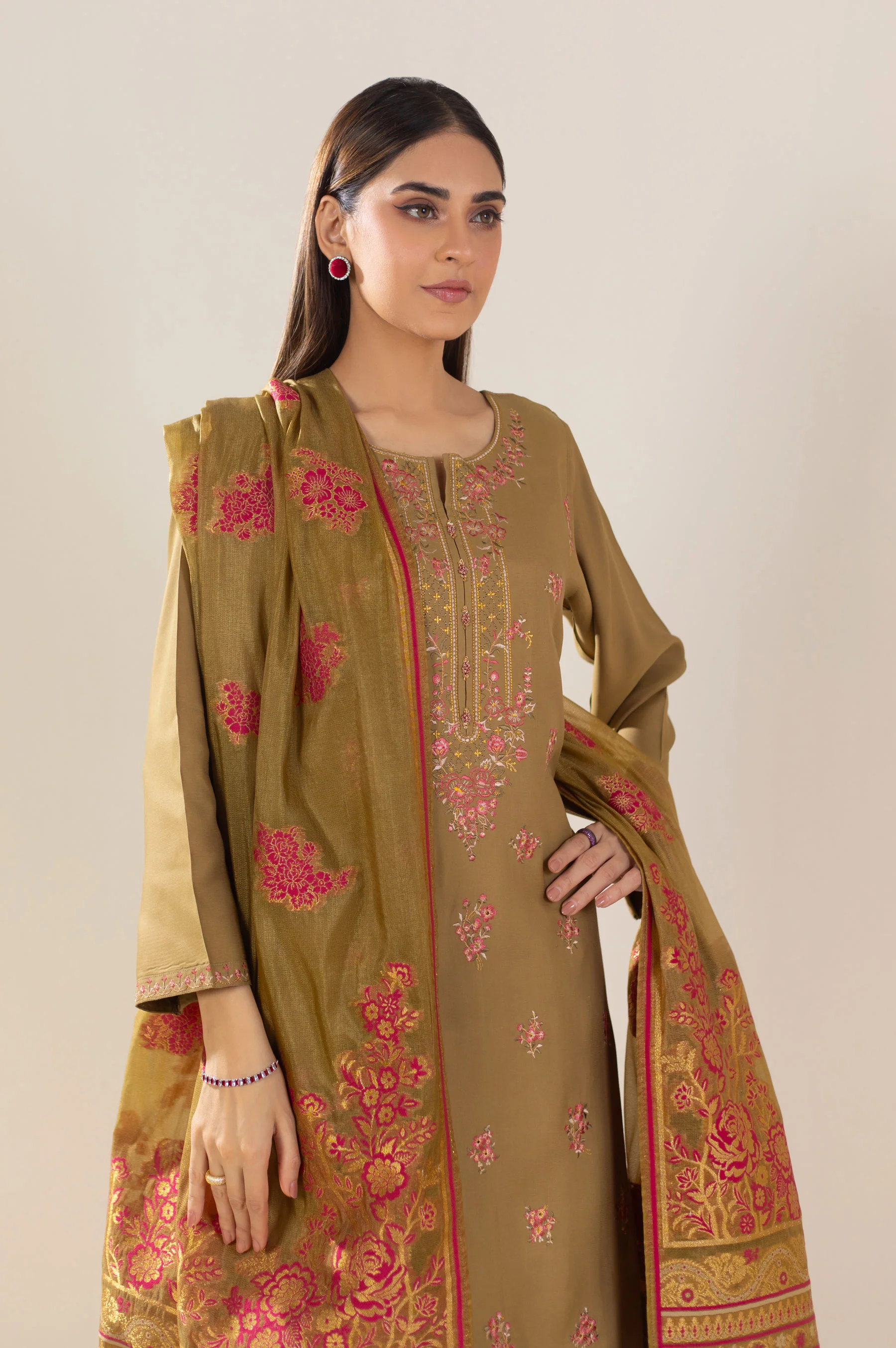 Unstitched 3 Piece Embroidered Oak Silk Suit - Image 3