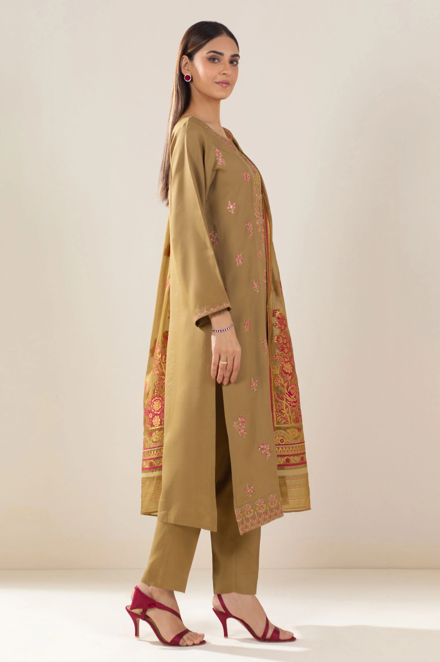 Unstitched 3 Piece Embroidered Oak Silk Suit - Image 4