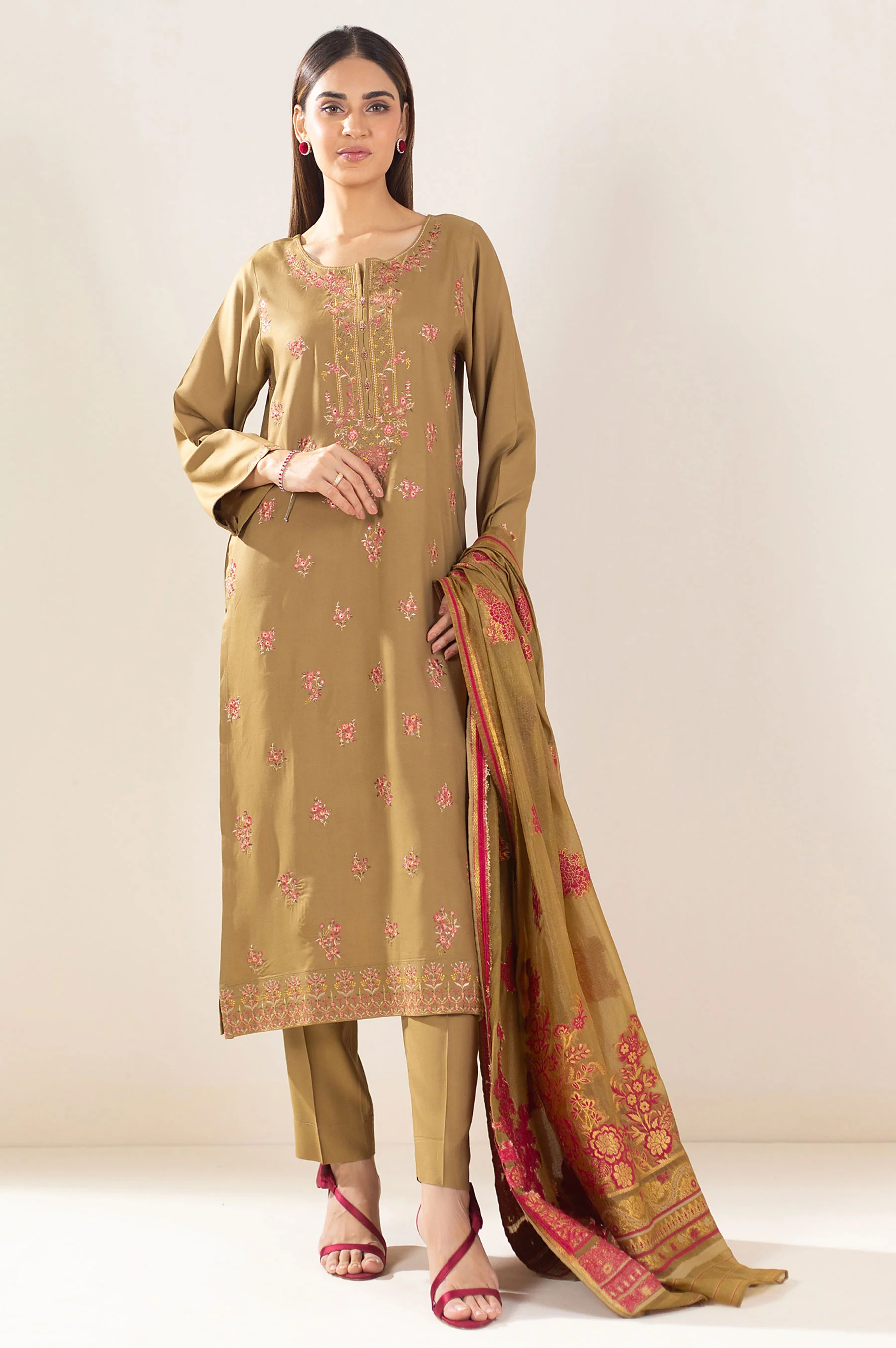 Unstitched 3 Piece Embroidered Oak Silk Suit - Image 5