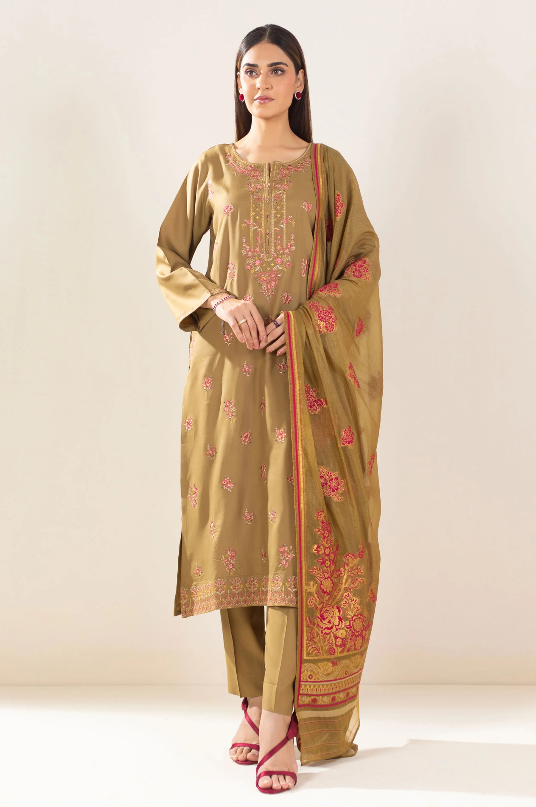 Unstitched 3 Piece Embroidered Oak Silk Suit - Image 8
