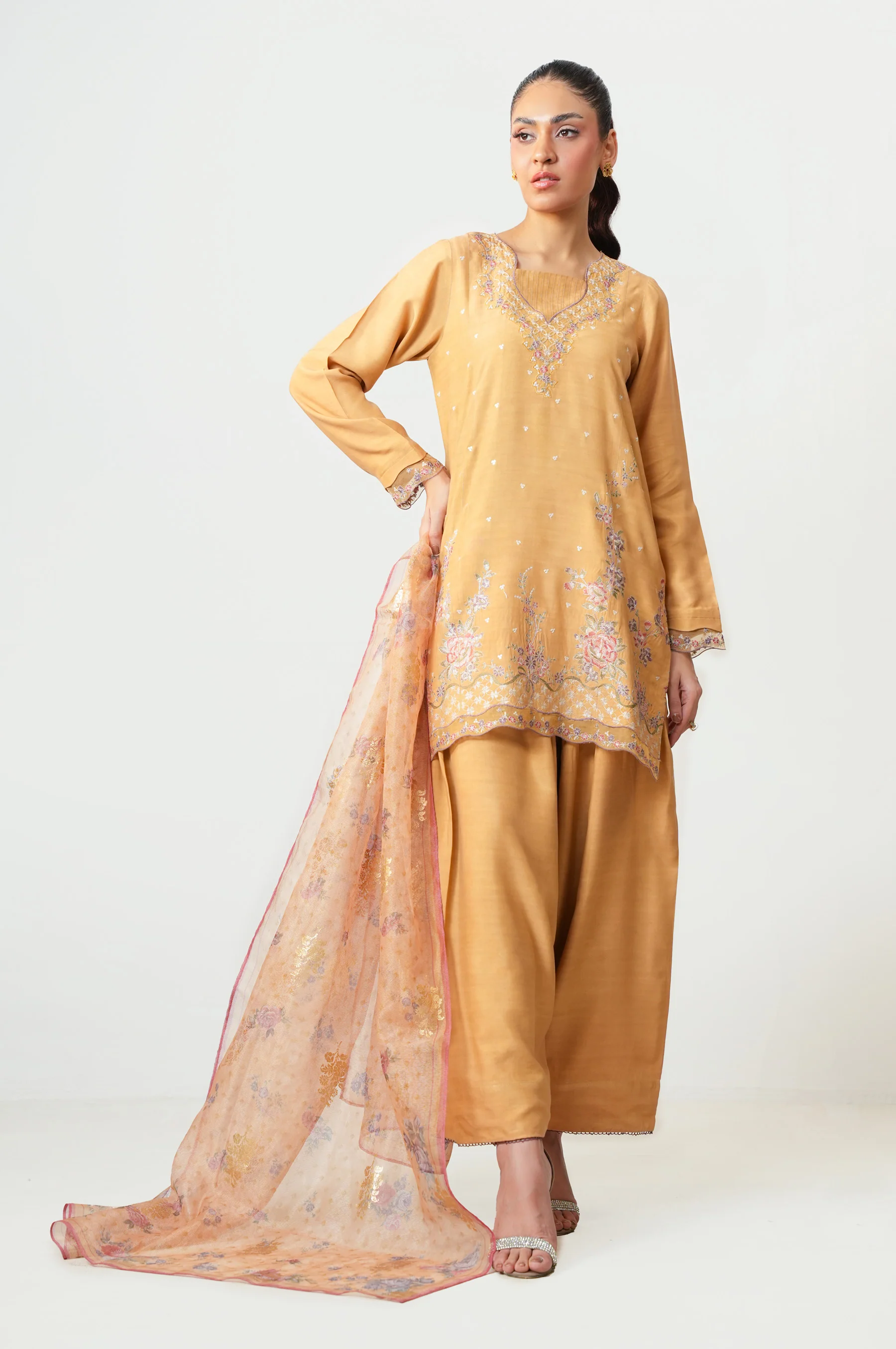Unstitched 3 Piece Embroidered Oak Silk Suit - Image 4