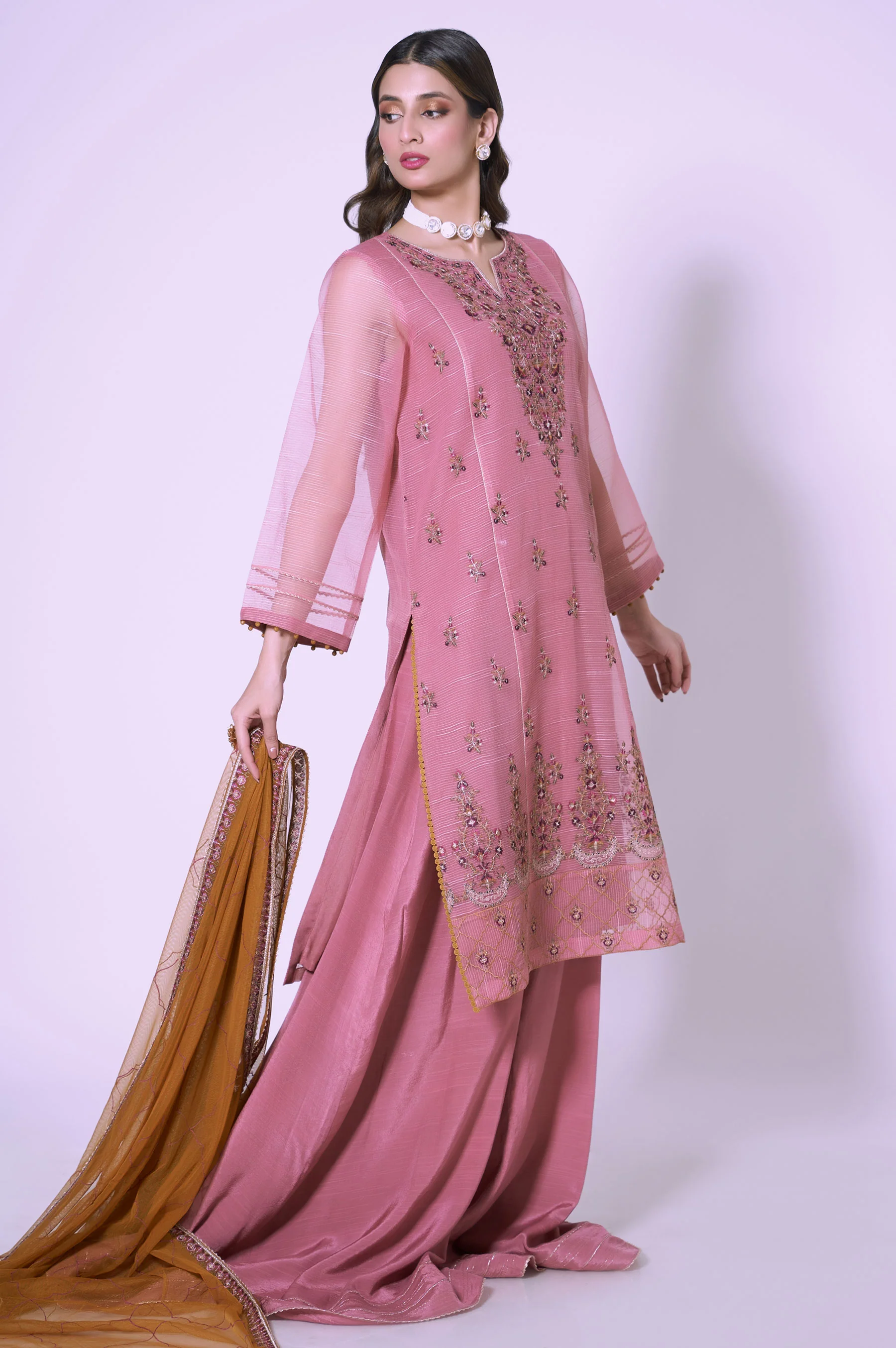 Unstitched 3 Piece Embroidered Textured Organza Suit - Image 6