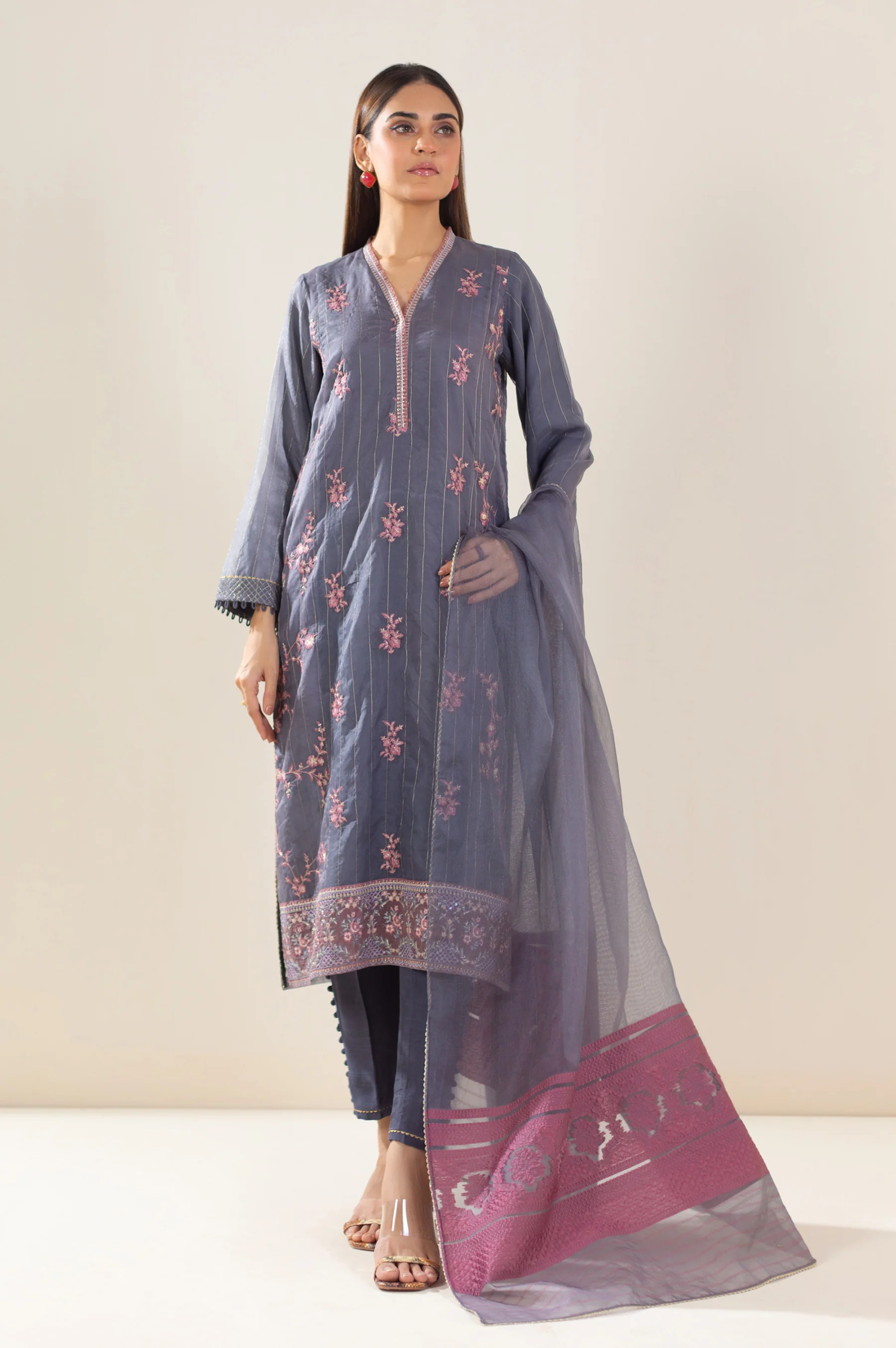 Unstitched 3 Piece Embroidered Organza Suit - Image 3