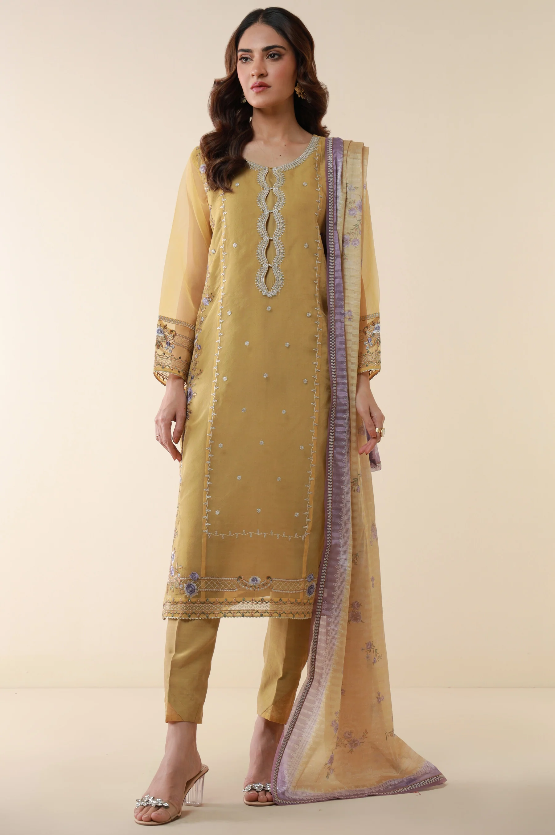 Unstitched 3 Piece Embroidered Organza Shirt Printed Silk Dupatta