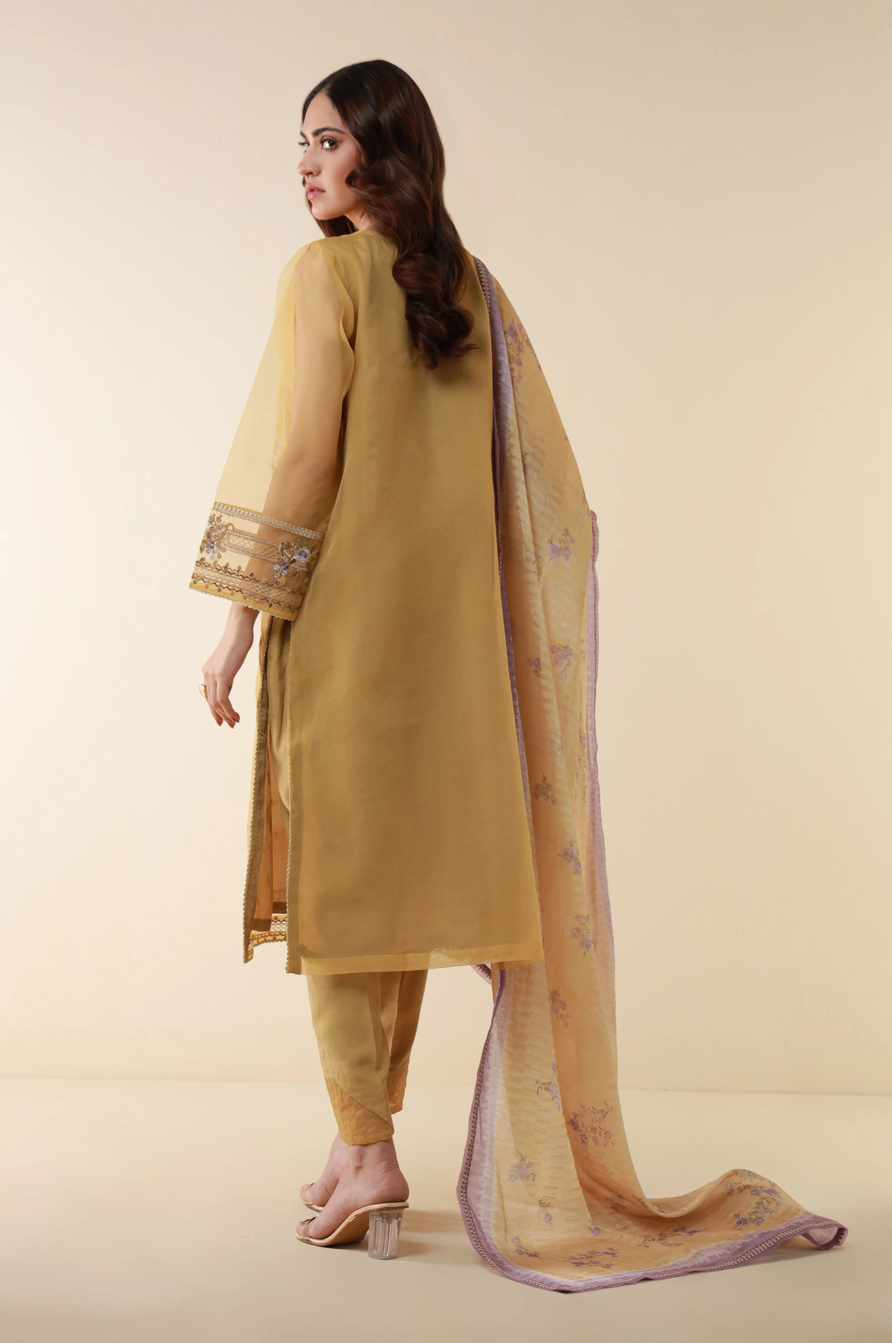 Unstitched 3 Piece Embroidered Organza Shirt Printed Silk Dupatta - Image 2