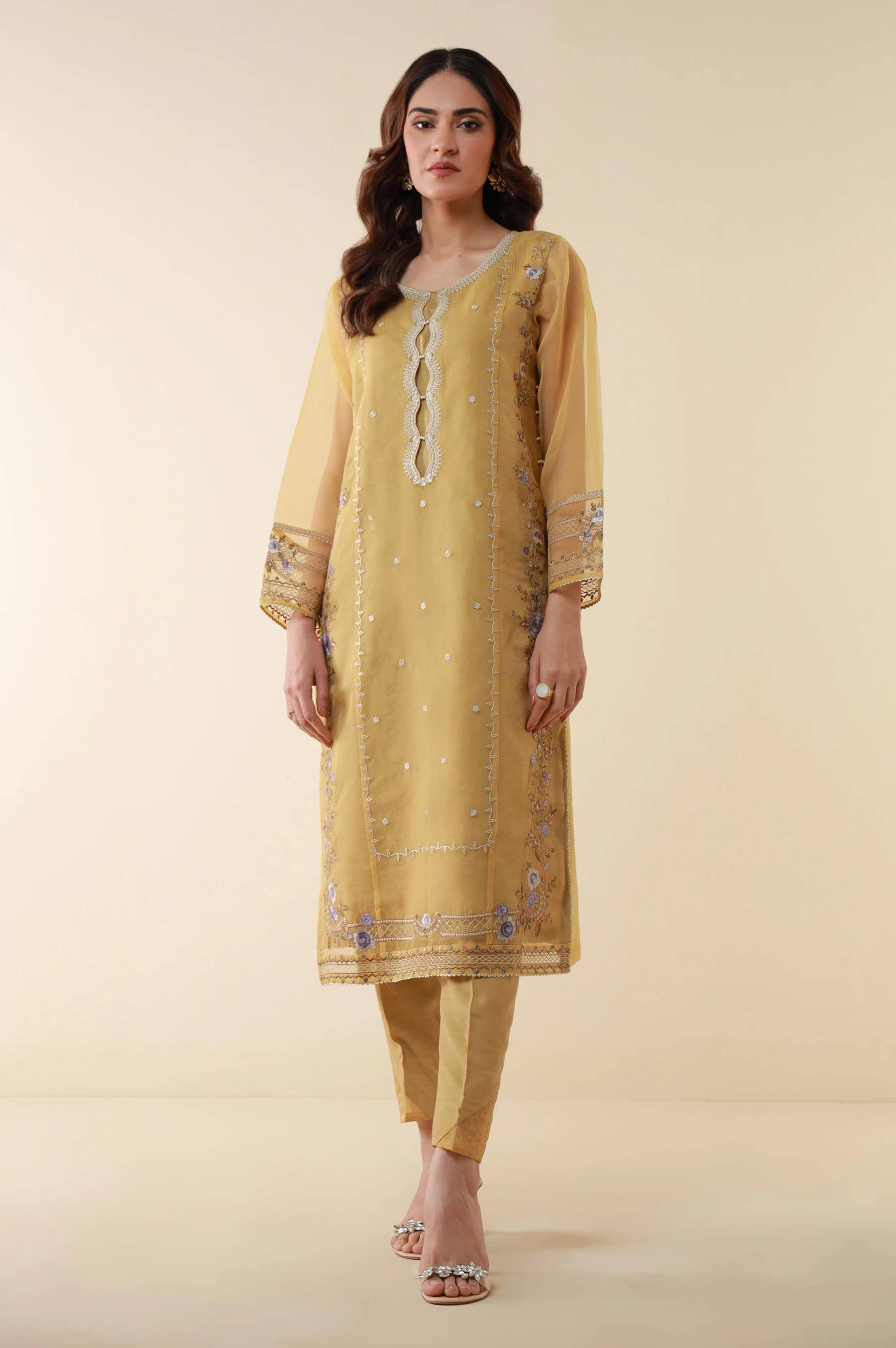 Unstitched 3 Piece Embroidered Organza Shirt Printed Silk Dupatta - Image 3