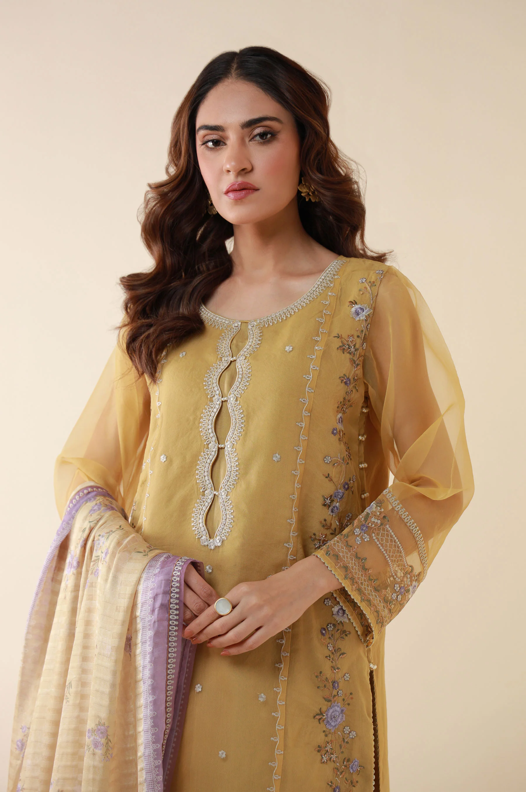 Unstitched 3 Piece Embroidered Organza Shirt Printed Silk Dupatta - Image 6
