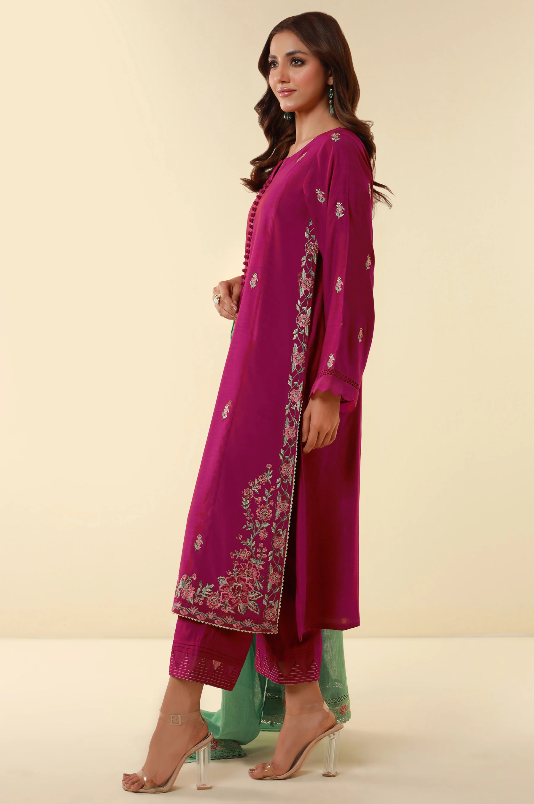 Unstitched 3 Piece Embroidered Raw Silk Suit - Image 2