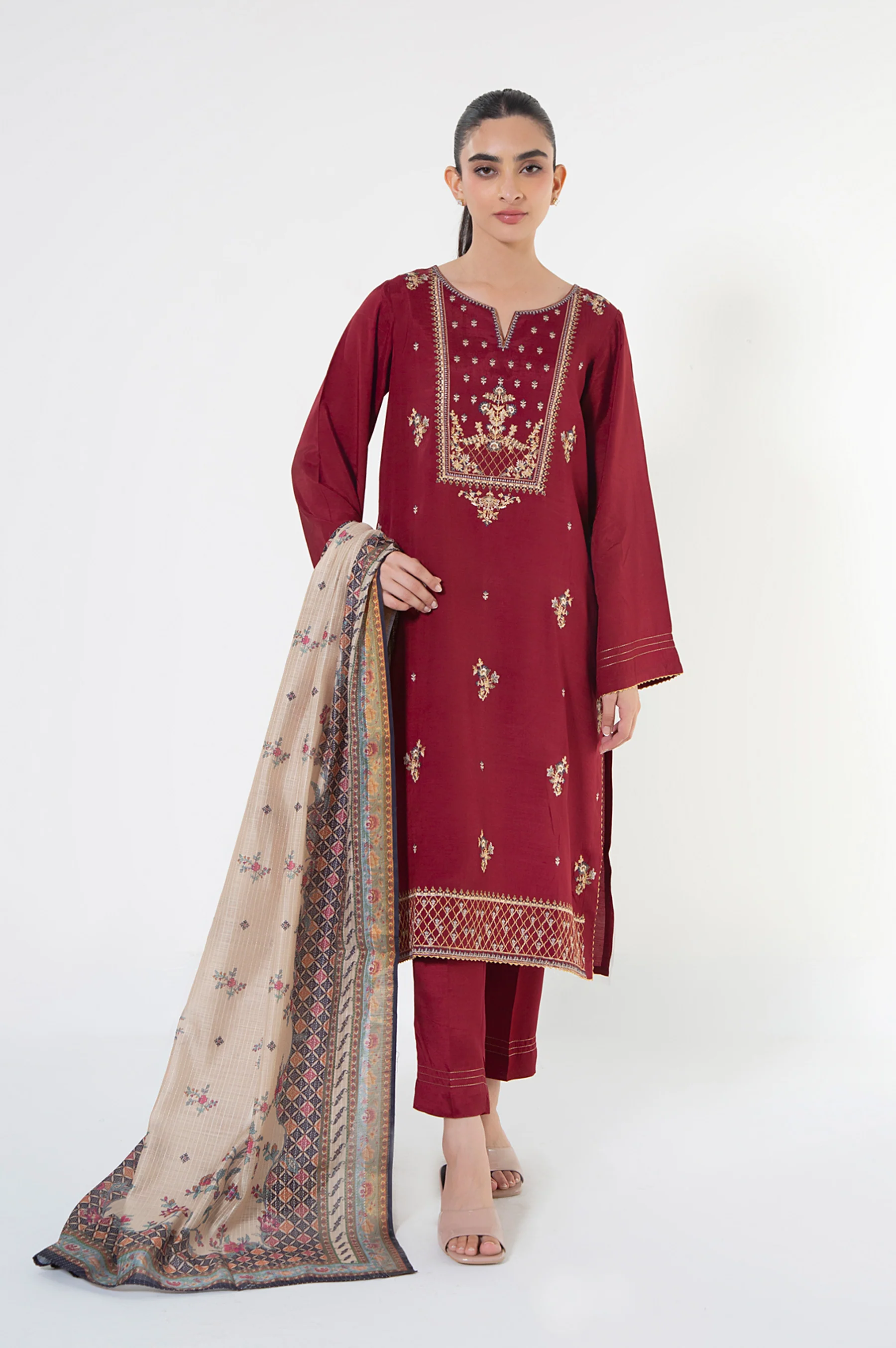 Unstitched 3 Piece Embroidered Raw Silk Suit