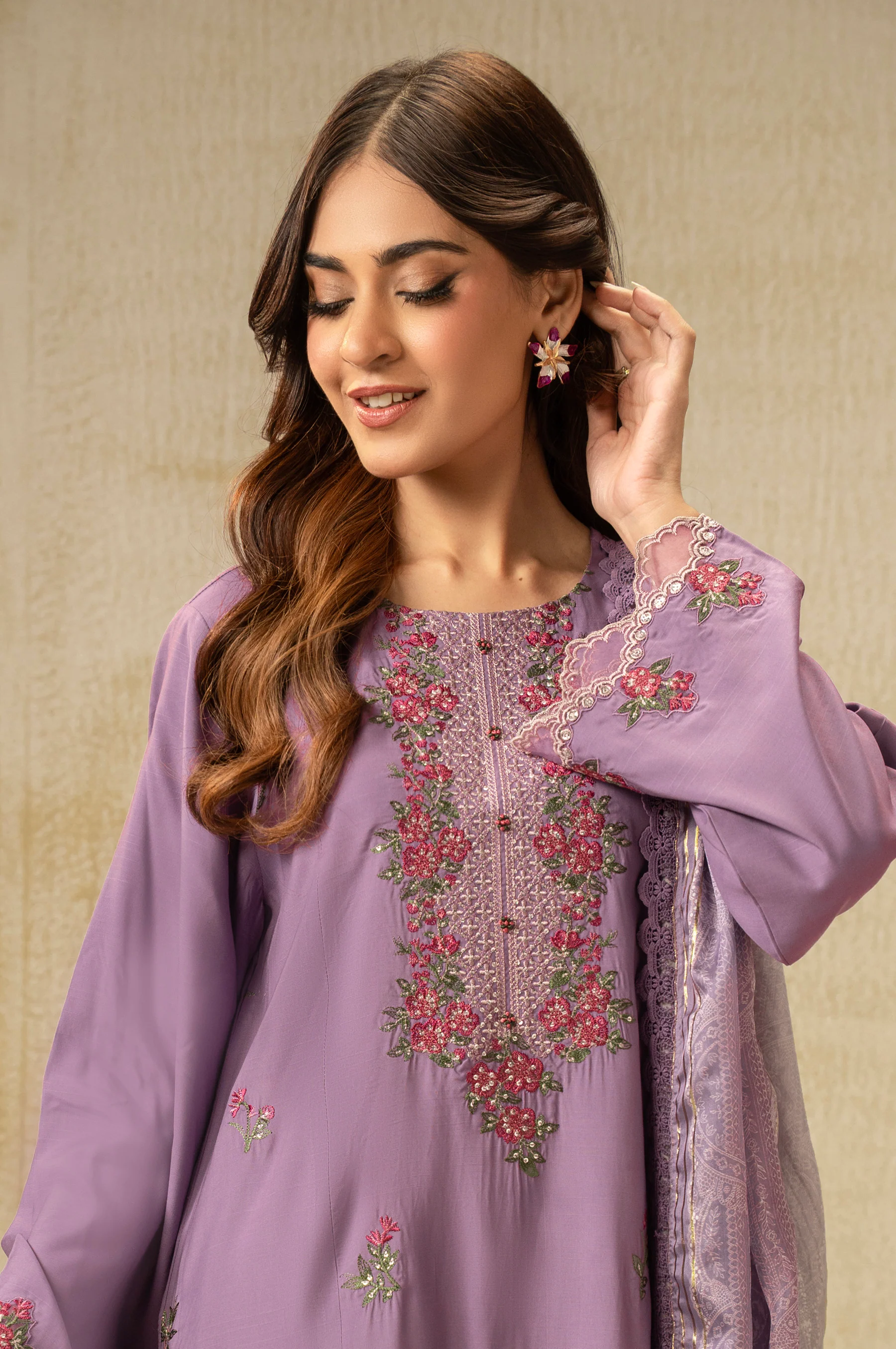 EMBROIDERED COTTON NET UNSTITCHED 3 PIECE SUIT - Image 2