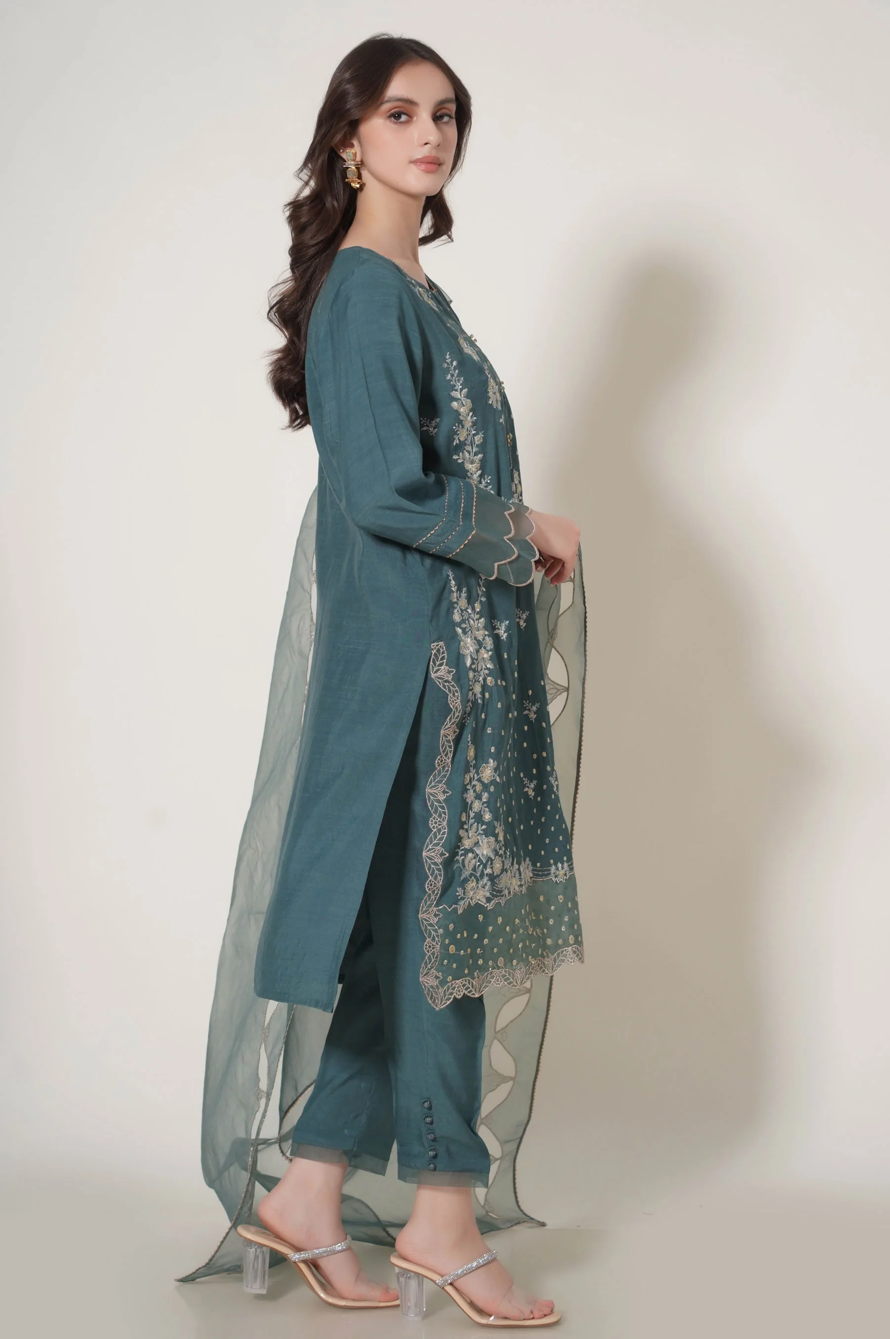 Unstitched 3 Piece Embroidered Raw Silk Suit - Image 3