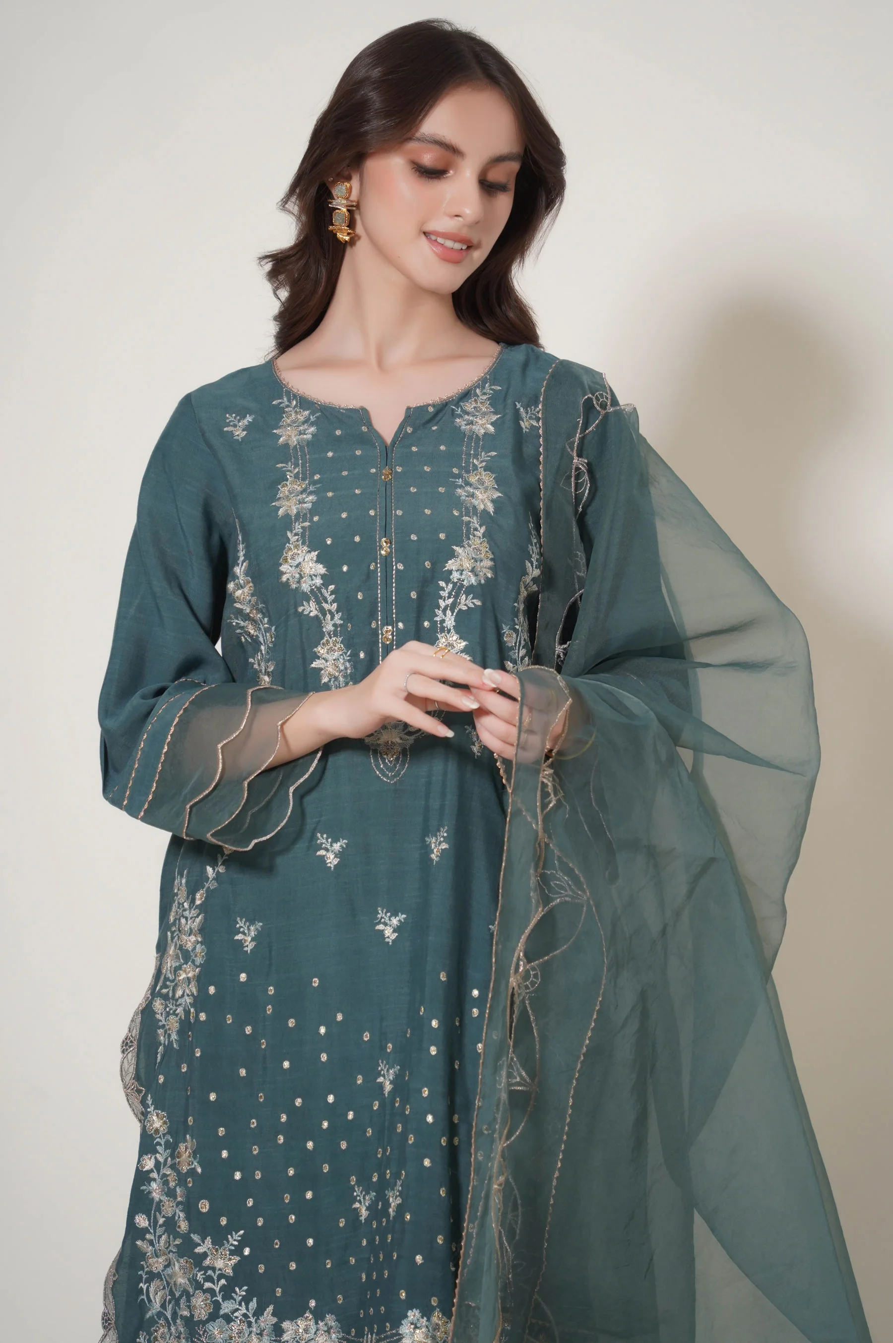 Unstitched 3 Piece Embroidered Raw Silk Suit - Image 4